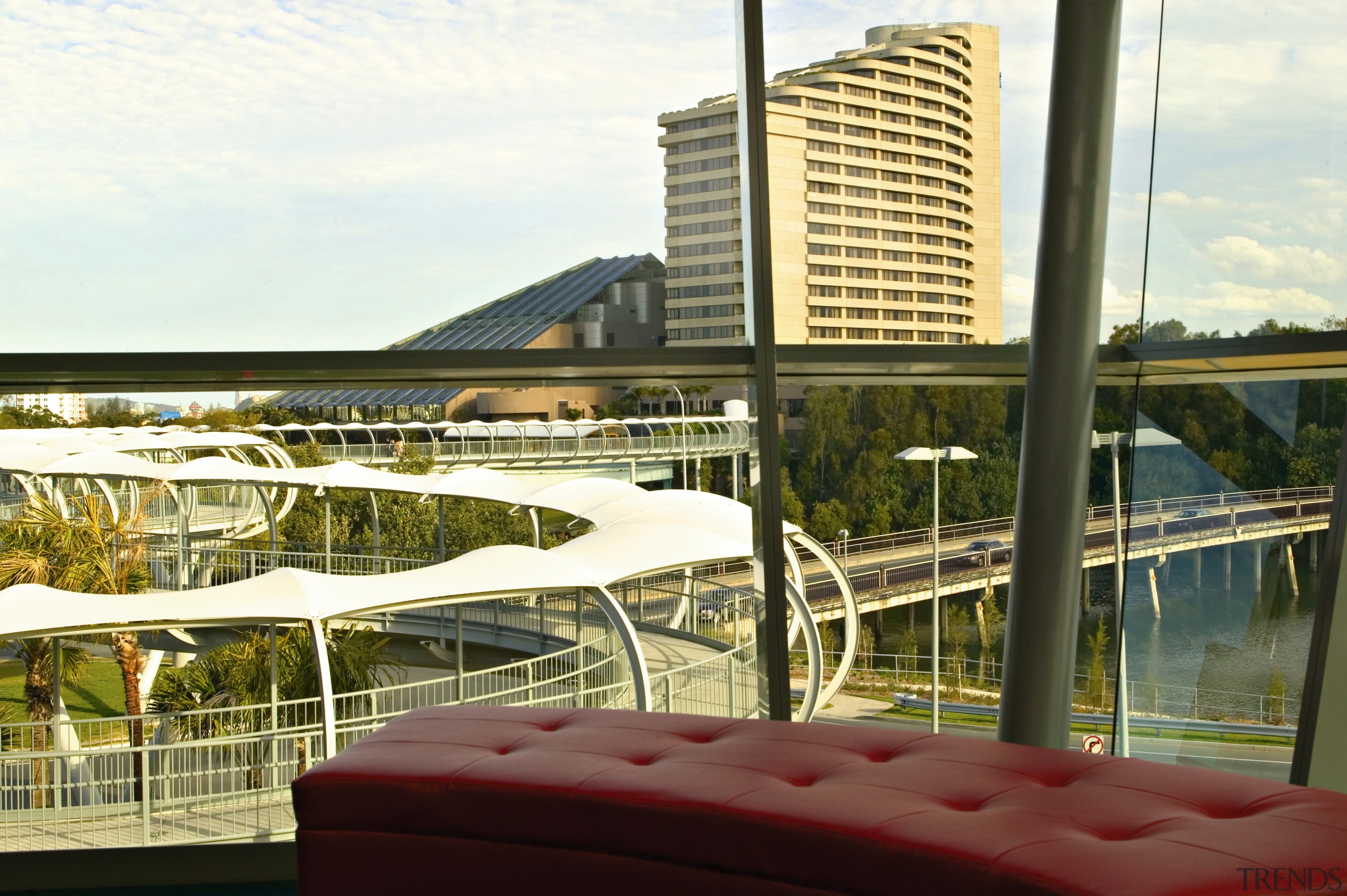 View from glazed area of foyer, with red architecture, building, condominium, mixed use, real estate, water, white, brown