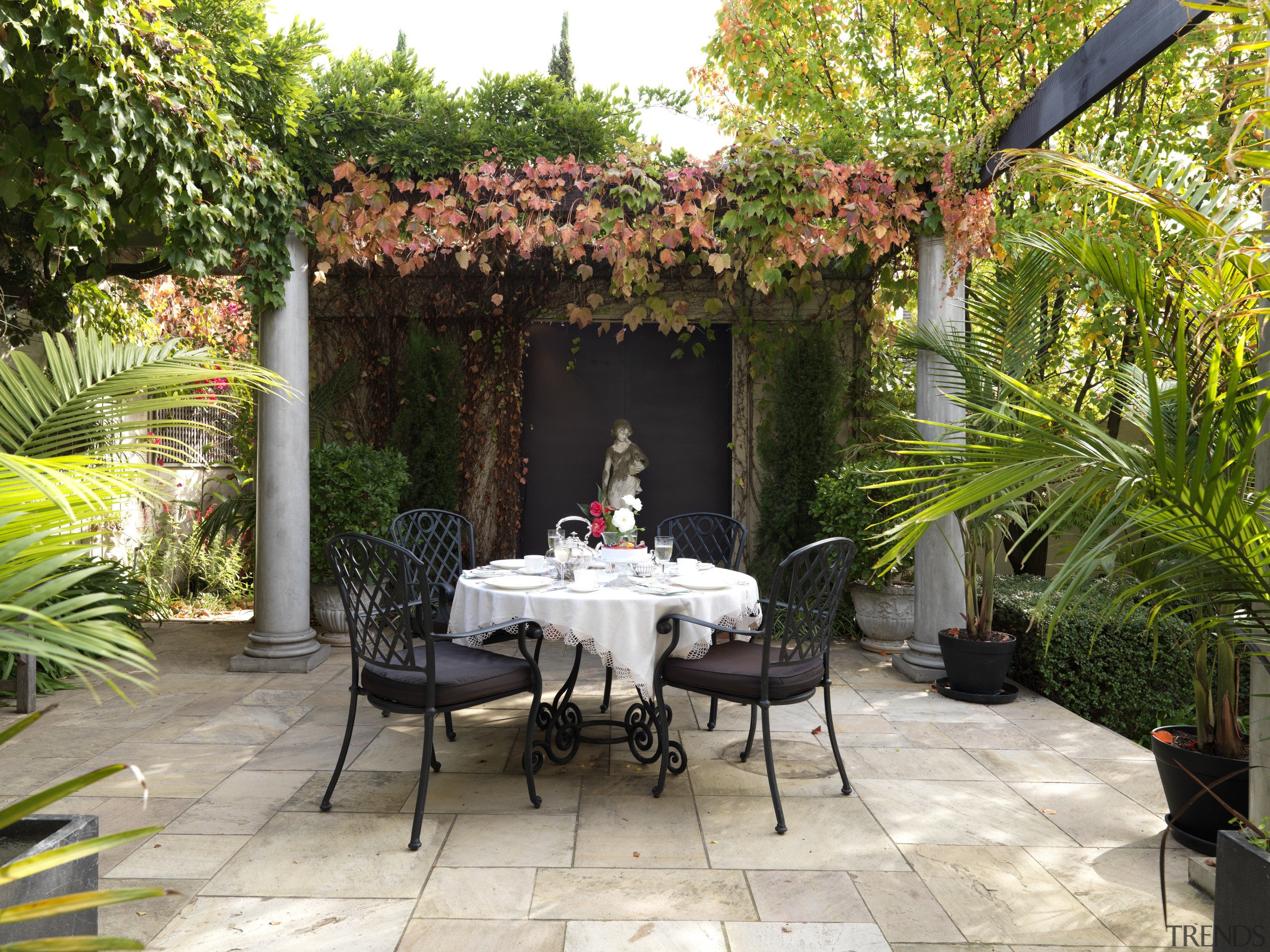 View of the paved terrace with timber pergola arecales, backyard, courtyard, estate, garden, outdoor structure, patio, plant, property, real estate, yard, brown