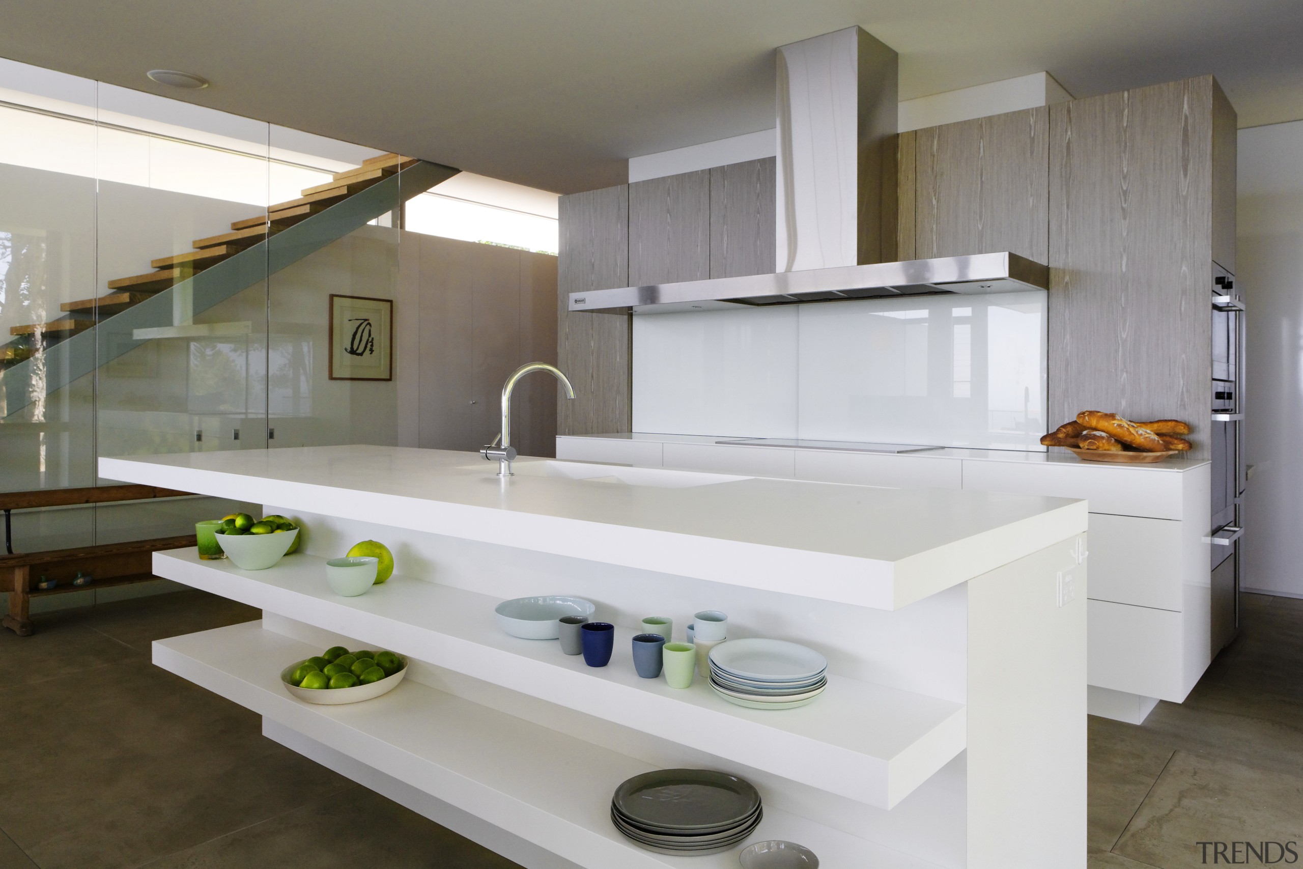 white island with cantilevered shelves at front countertop, cuisine classique, interior design, kitchen, sink, gray