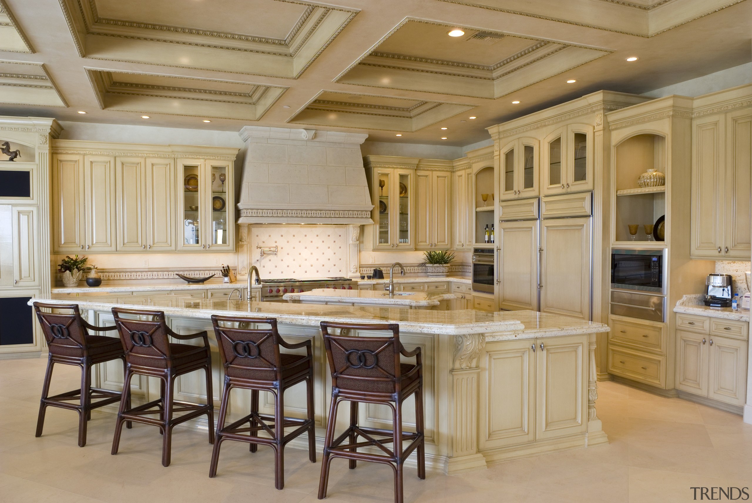 View of Stone countertop and floor by Walker cabinetry, ceiling, countertop, cuisine classique, estate, interior design, kitchen, room, orange, brown