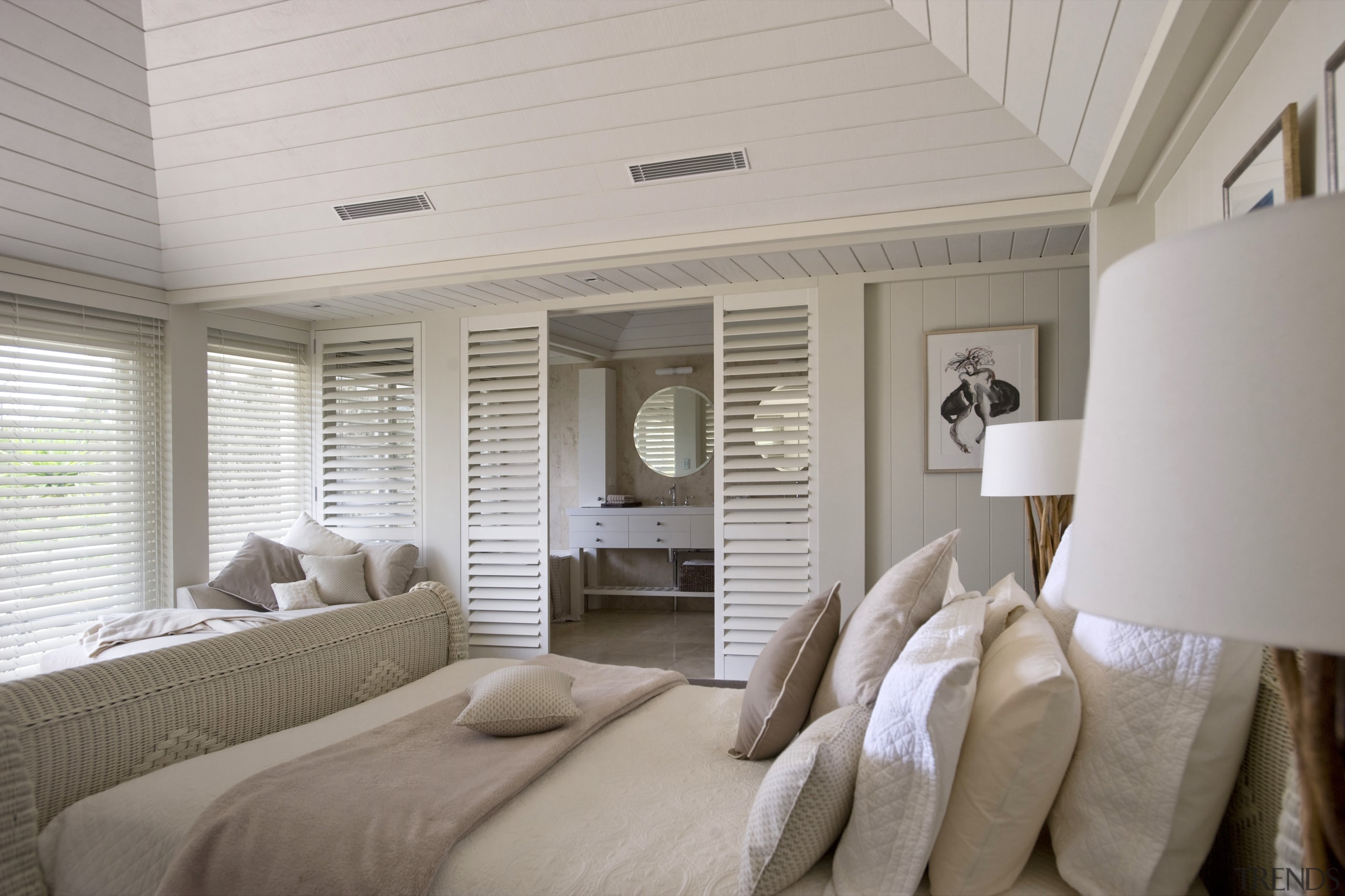 Interior view of a light-toned beach house. - bedroom, ceiling, estate, floor, home, interior design, real estate, room, suite, window, window covering, gray