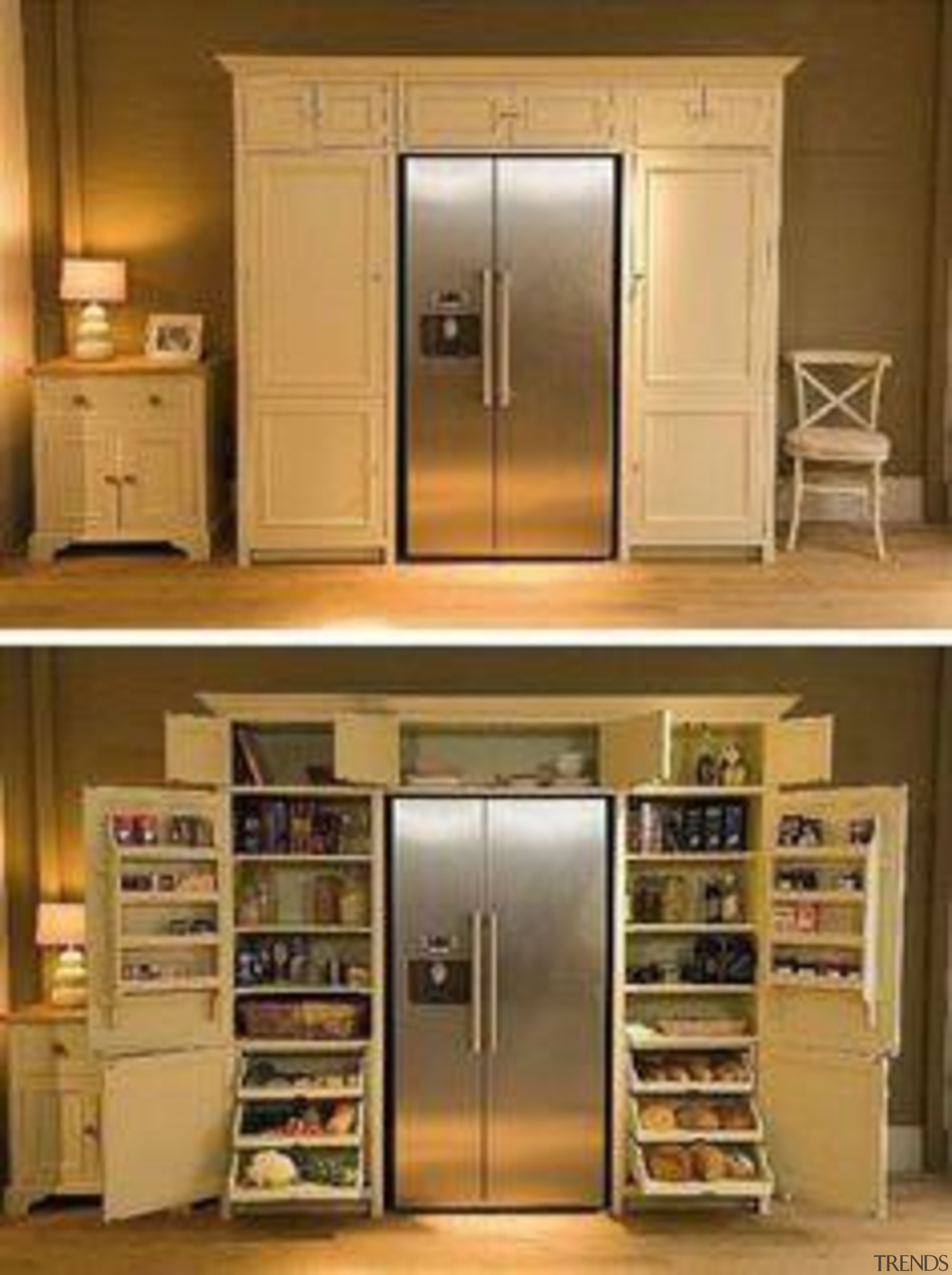 Fridge and Pantry all in one - Fridge cabinetry, closet, cupboard, furniture, home appliance, kitchen, product, refrigerator, shelf, shelving, brown, orange