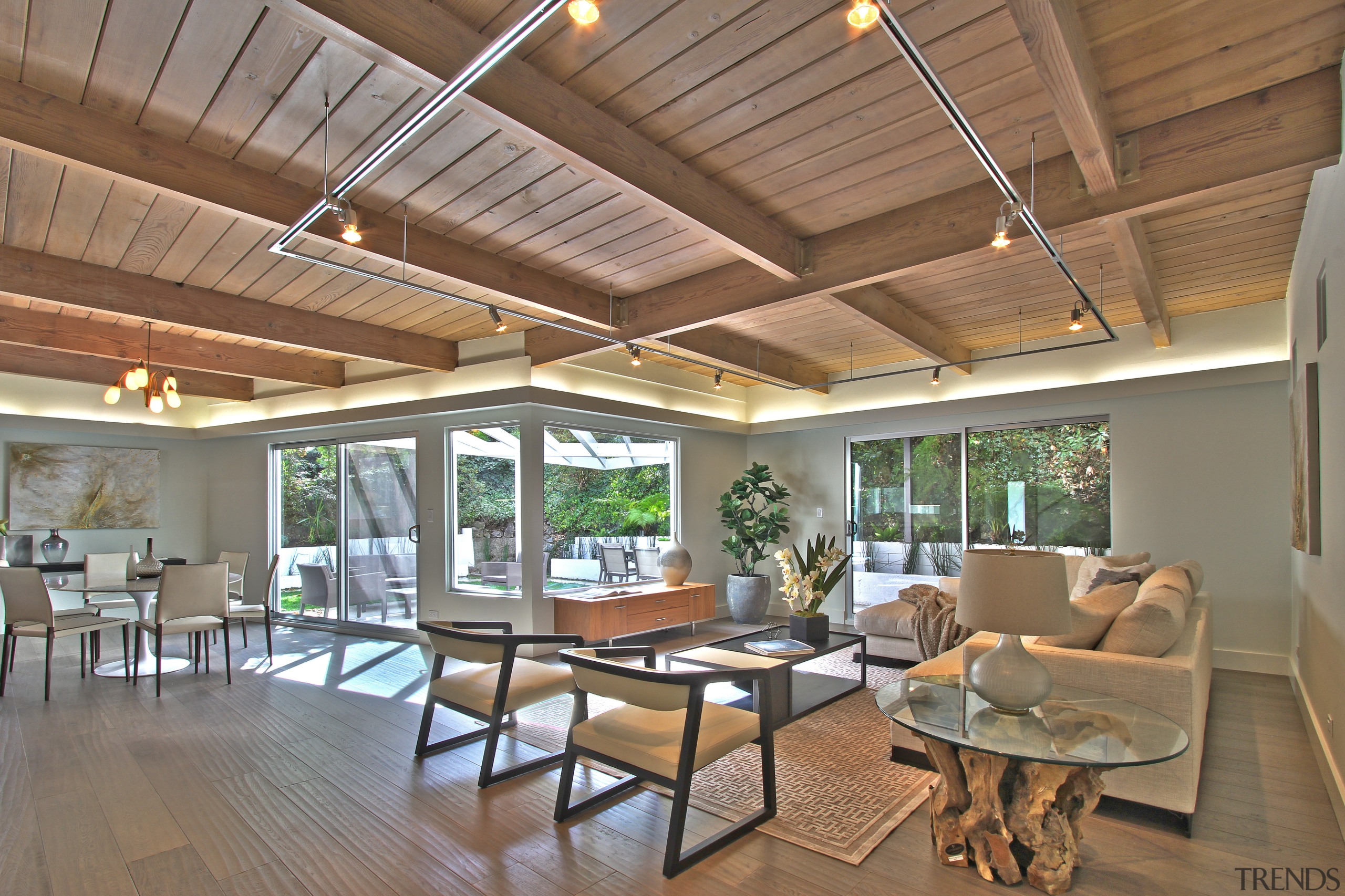 As part of this kitchen and whole-house remodel ceiling, daylighting, estate, floor, flooring, hardwood, house, interior design, living room, property, real estate, roof, wood, wood flooring, brown, gray