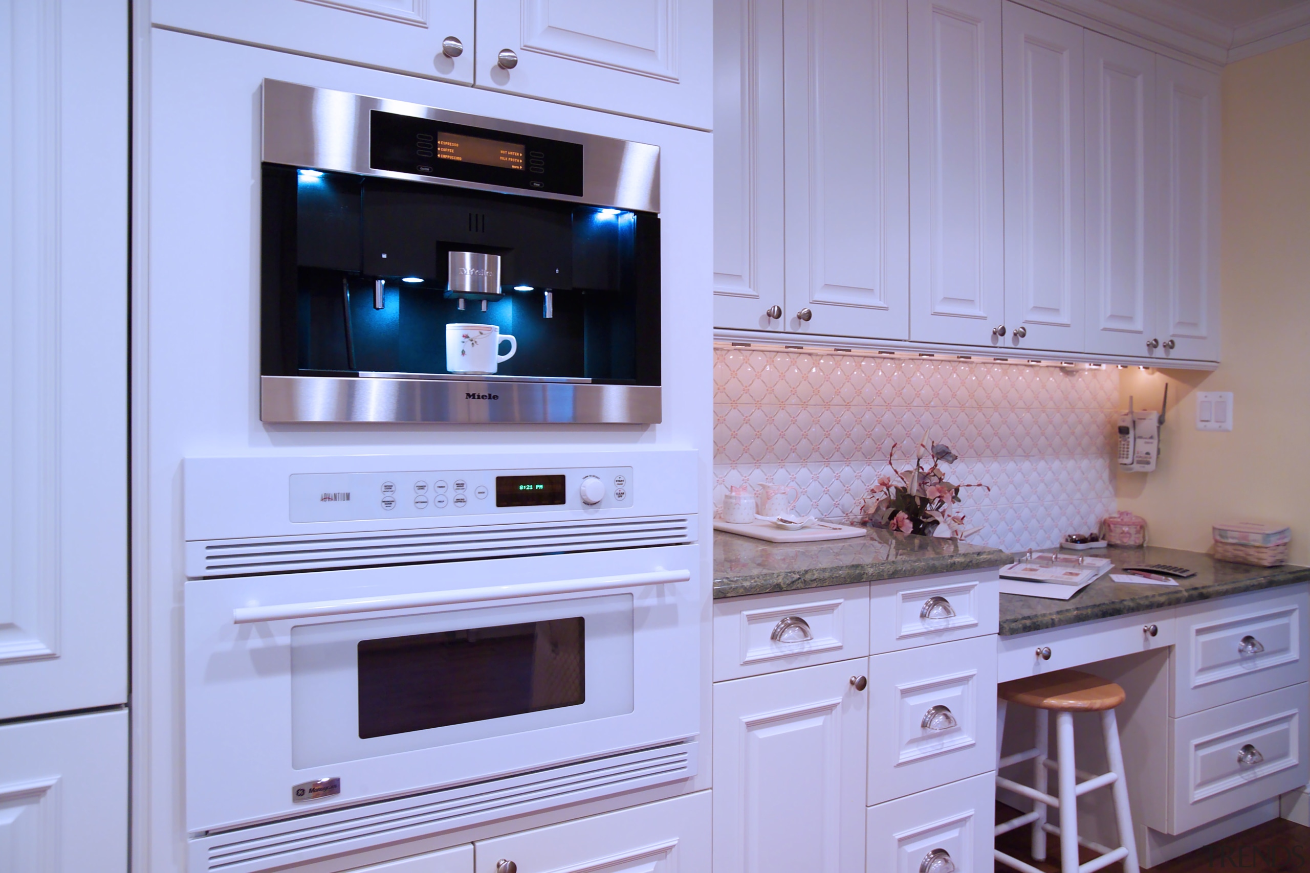 Remodeled  kitchen designed by Davida Rodriguez. Cottage cabinetry, countertop, cuisine classique, home appliance, kitchen, kitchen appliance, kitchen stove, major appliance, room, blue