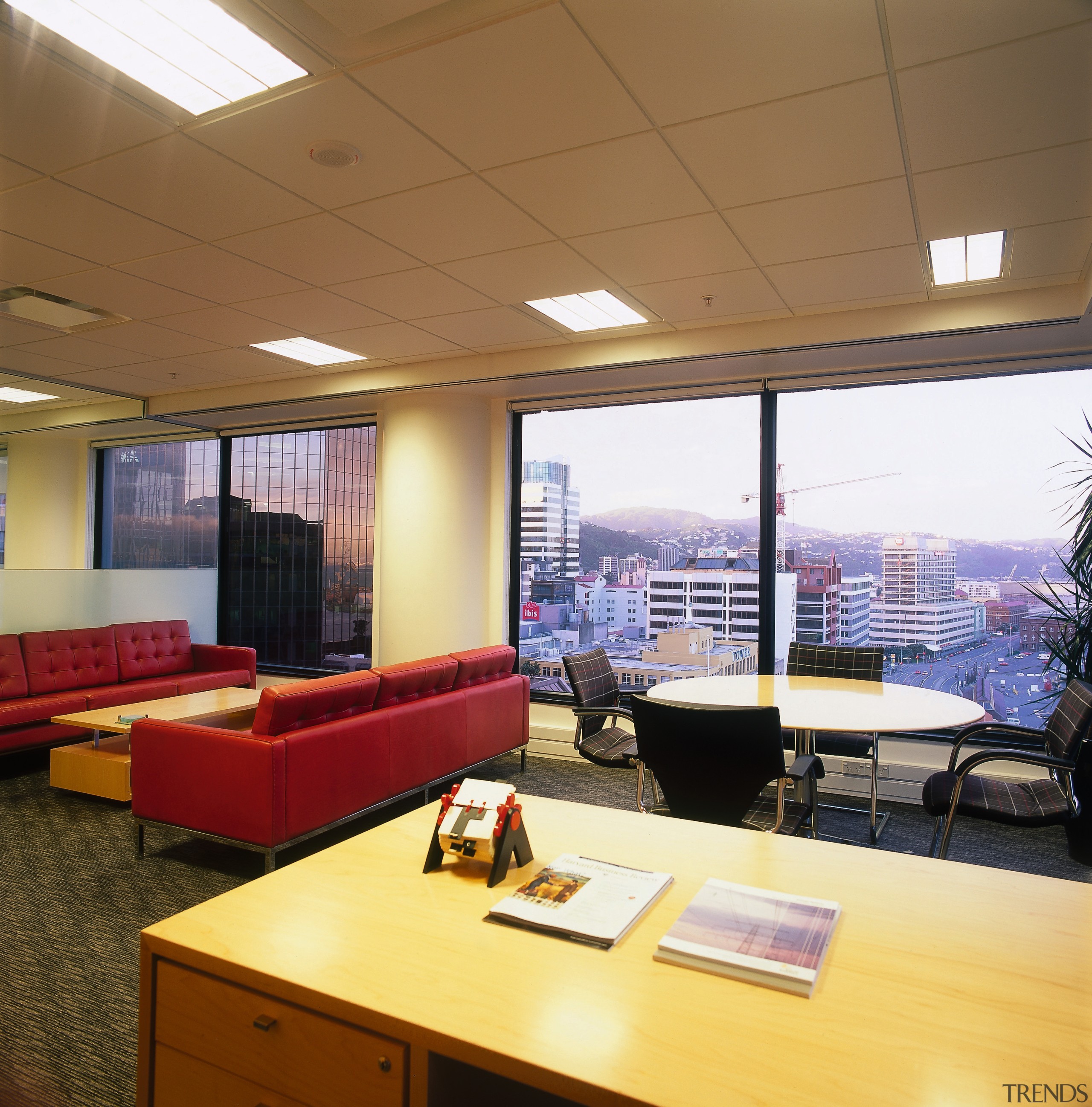 View of a office, carpet, large square windows, ceiling, interior design, office, real estate, window, brown