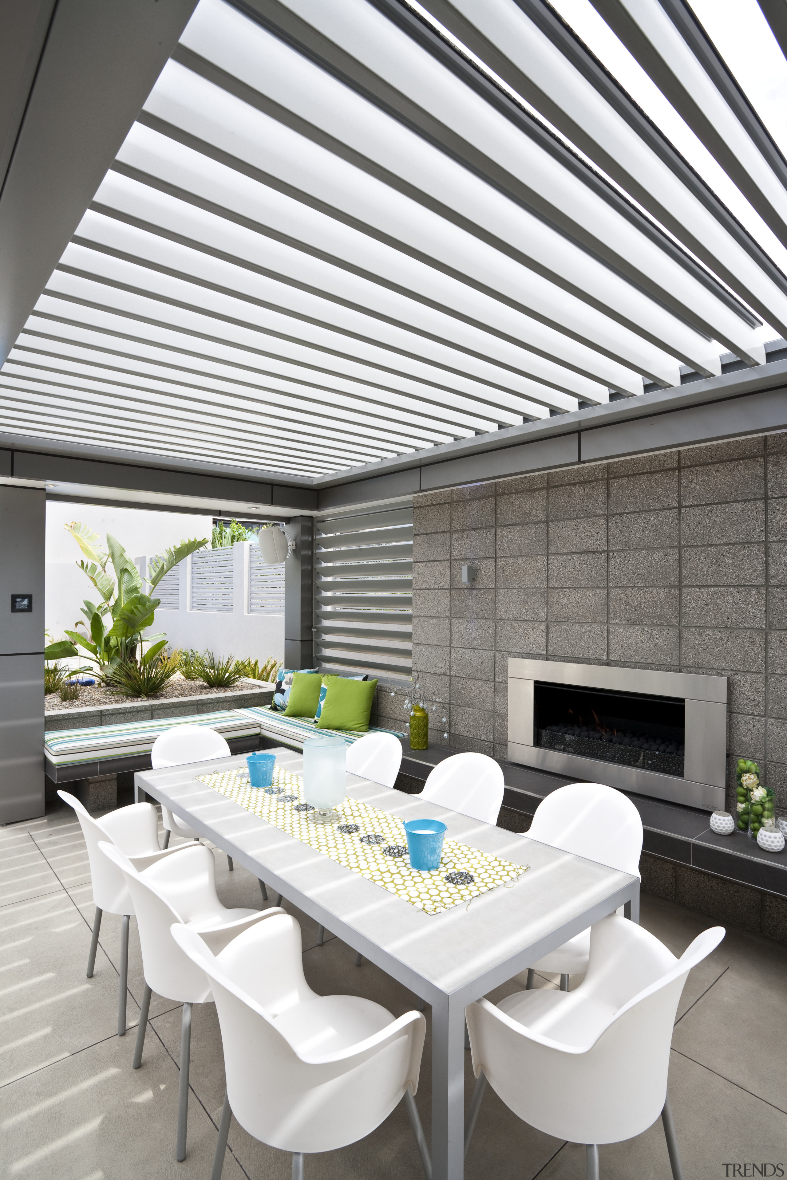 Exterior view of an outdoor entertaining area which ceiling, daylighting, interior design, roof, table, white, gray