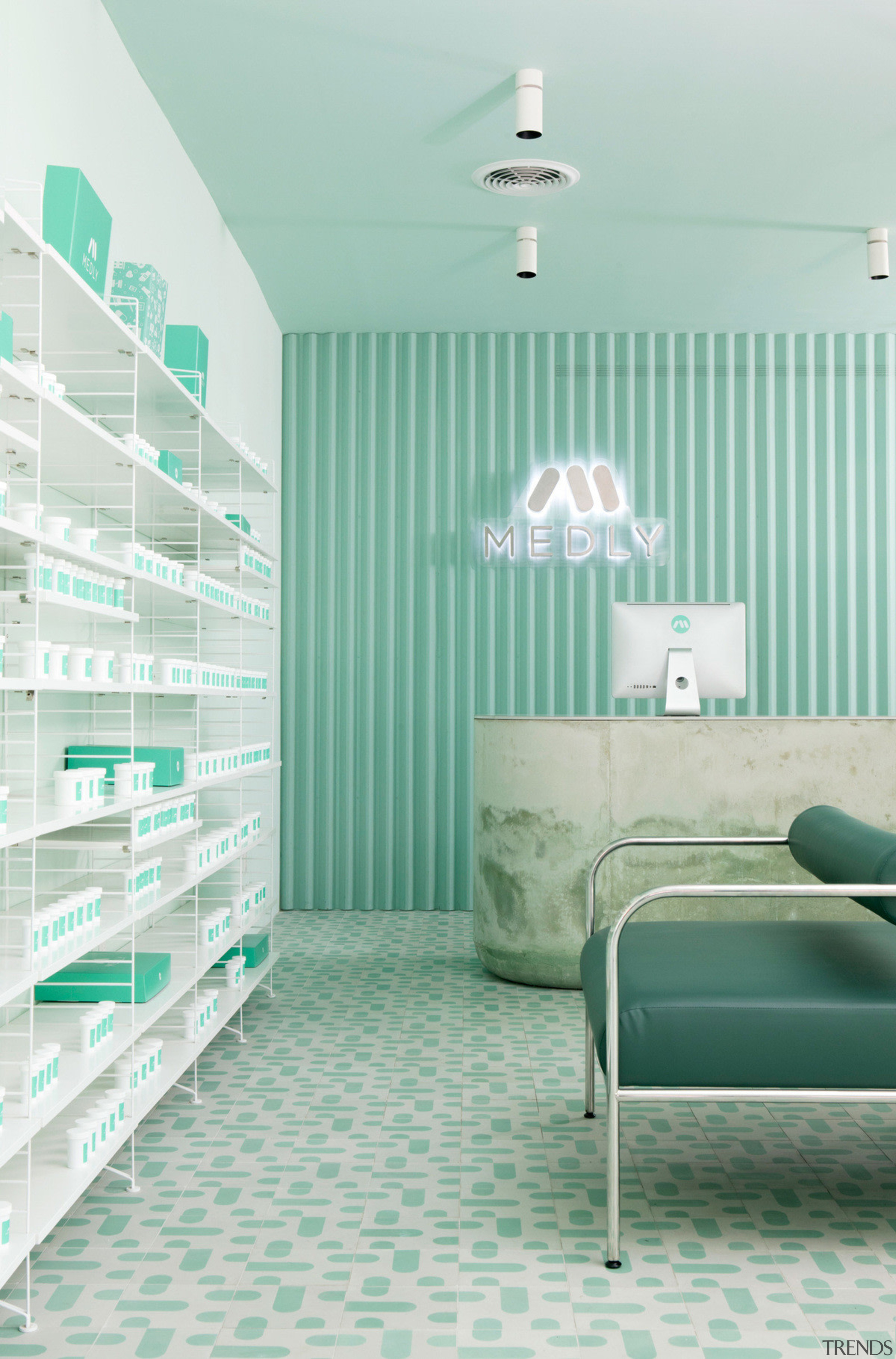 Sergio Mannino Studio designed this pharmacy to be ceiling, floor, green, interior design, product, room, wall, gray