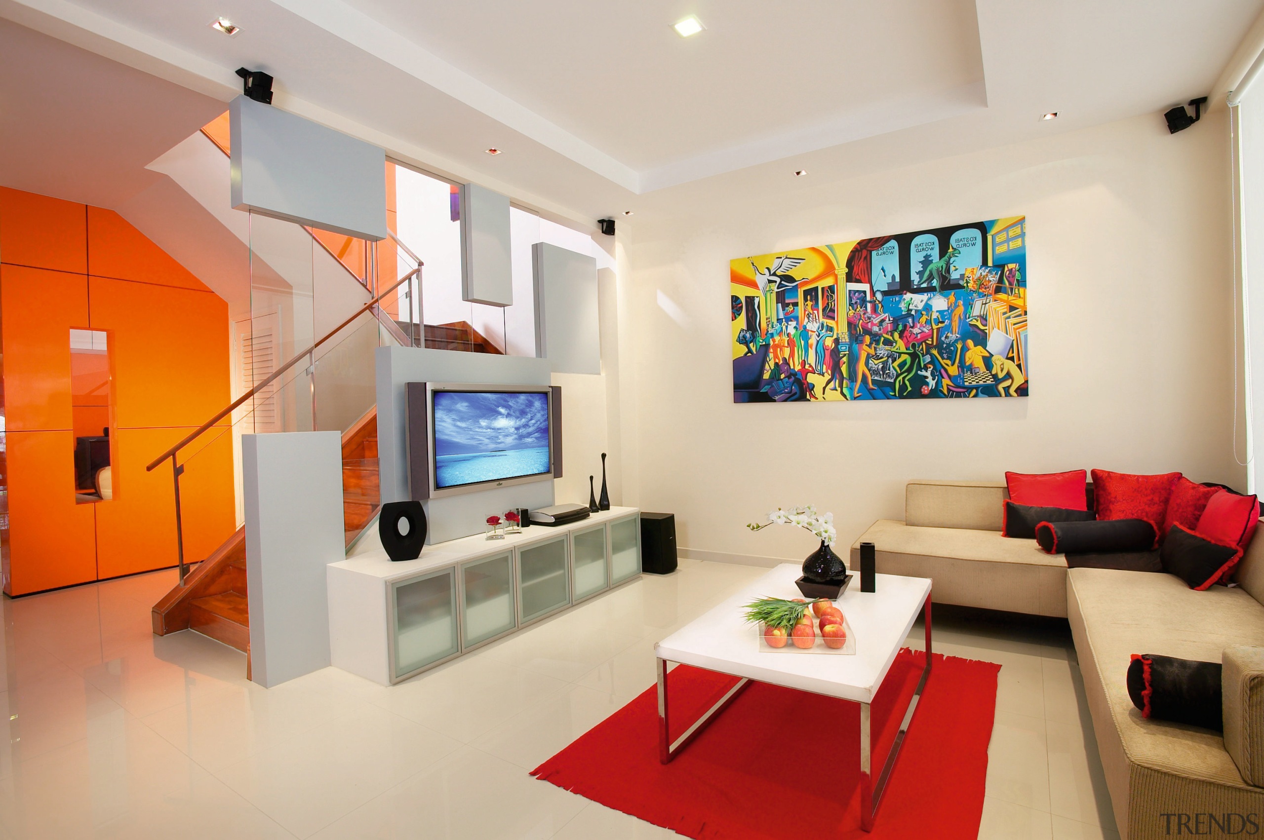 view of the lounge area with orange feature ceiling, home, interior design, living room, real estate, room, gray