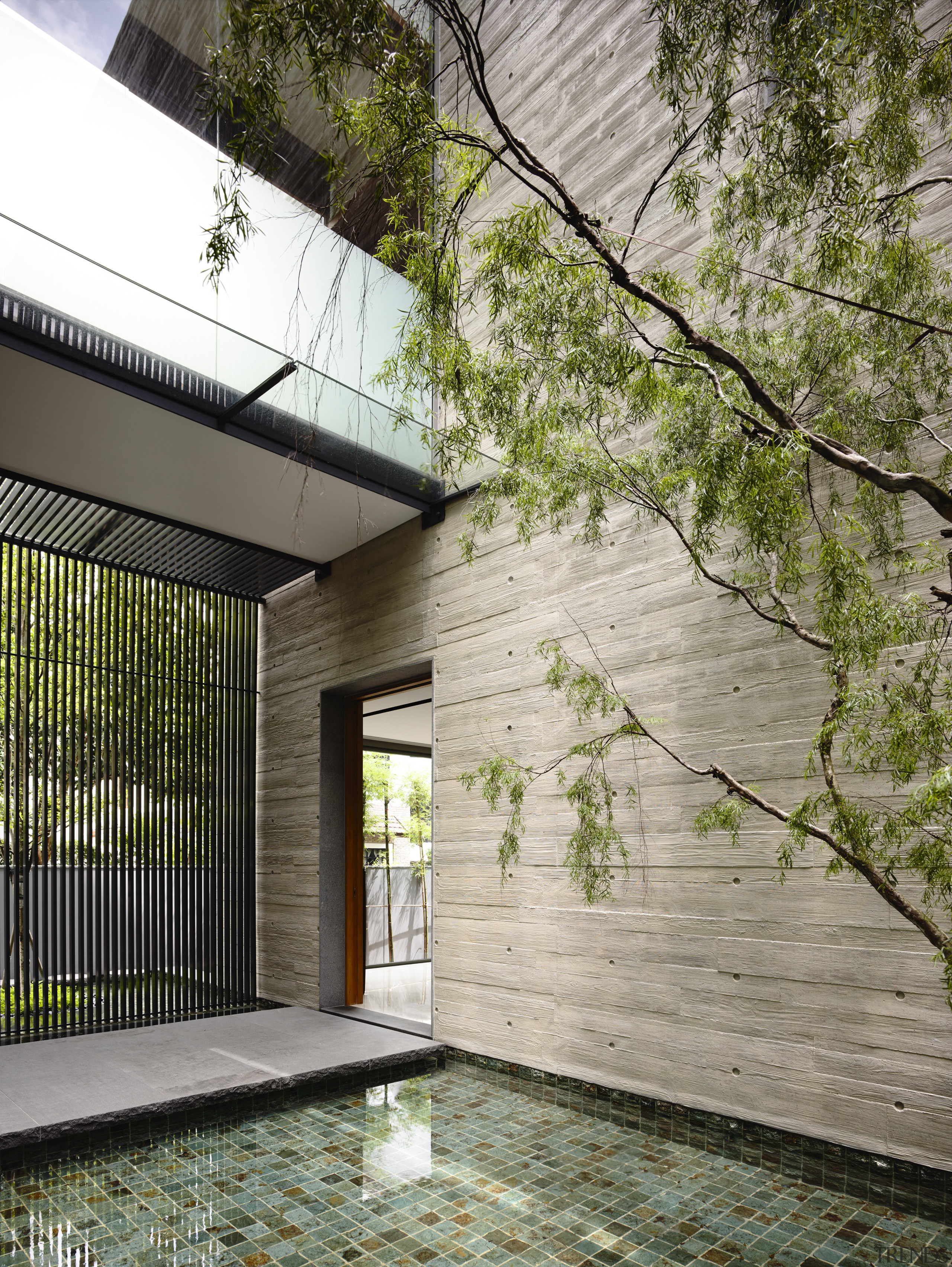 This central courtyard in between two wings of architecture, building, courtyard, facade, home, house, property, real estate, residential area, tree, brown, white