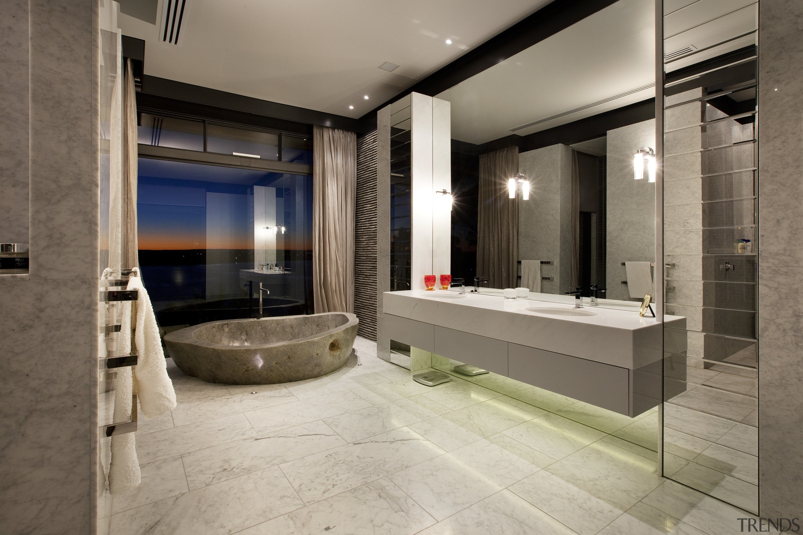 This house was designed by architect Martin Grounds bathroom, floor, flooring, interior design, lobby, room, tile, gray, brown