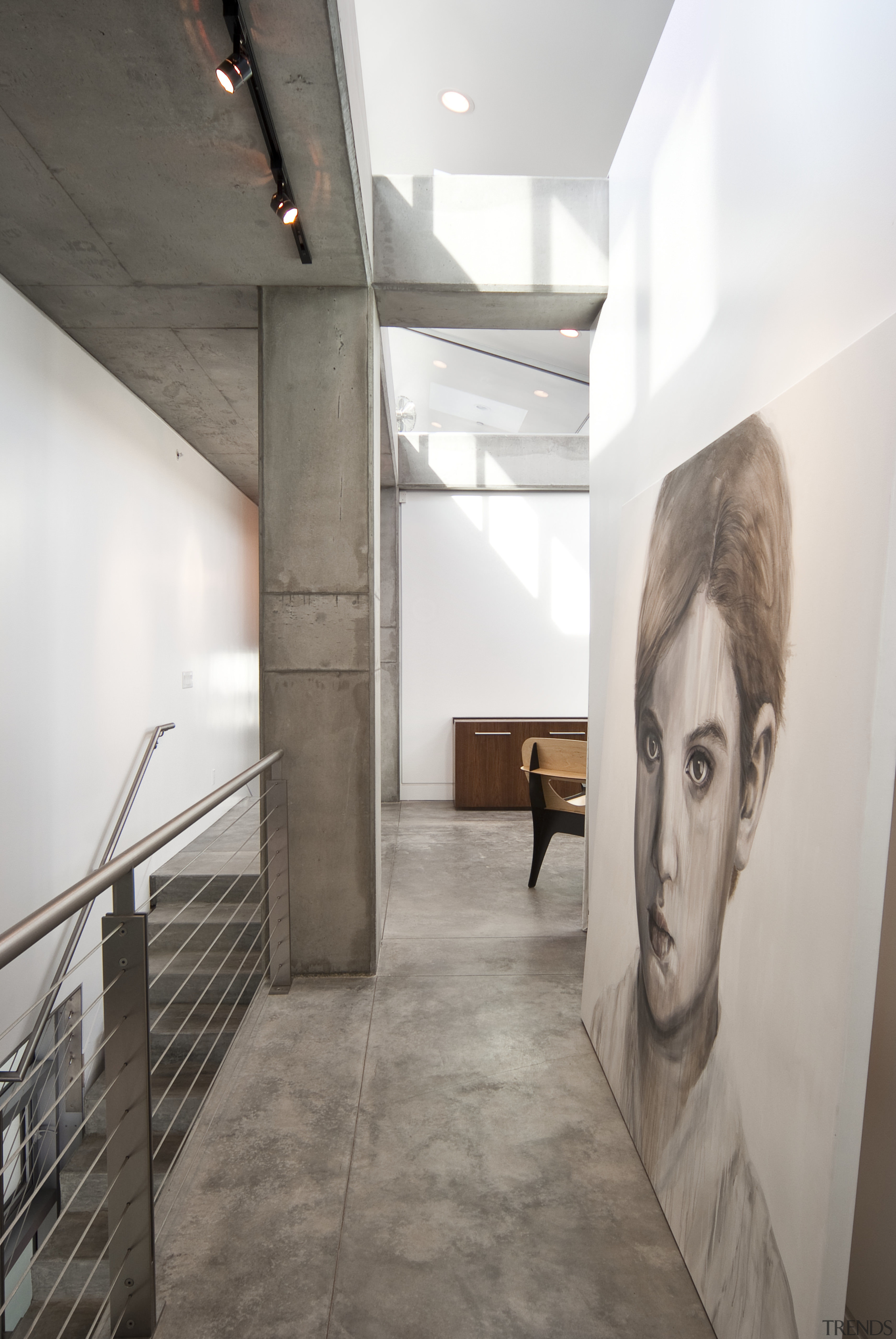 View of the upper level corridor featuring concrete ceiling, daylighting, exhibition, floor, flooring, interior design, tourist attraction, white, gray