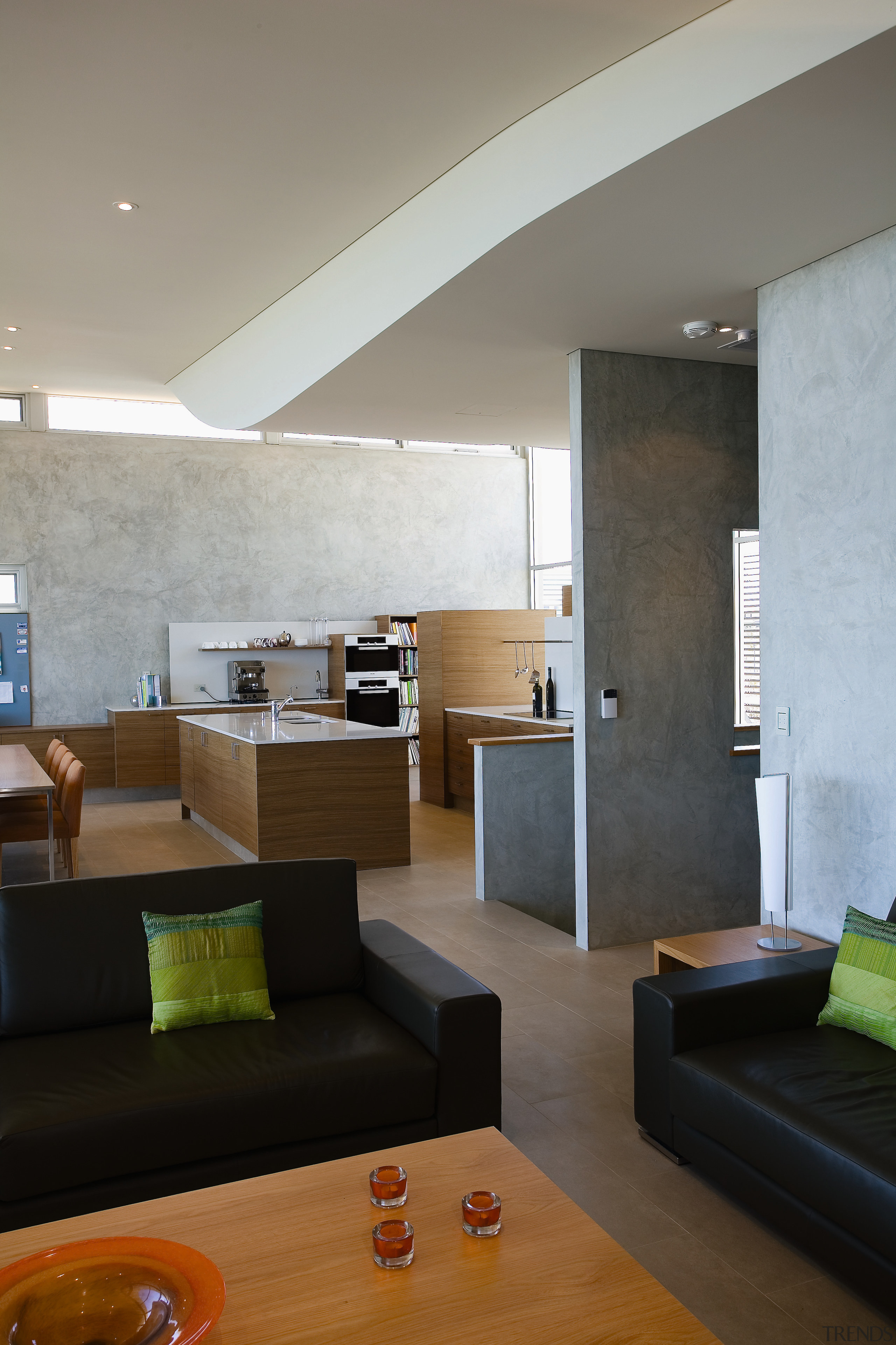 View of the Kitchen an surrounding living areas apartment, architecture, ceiling, daylighting, floor, home, house, interior design, living room, lobby, room, table, wall, gray, black