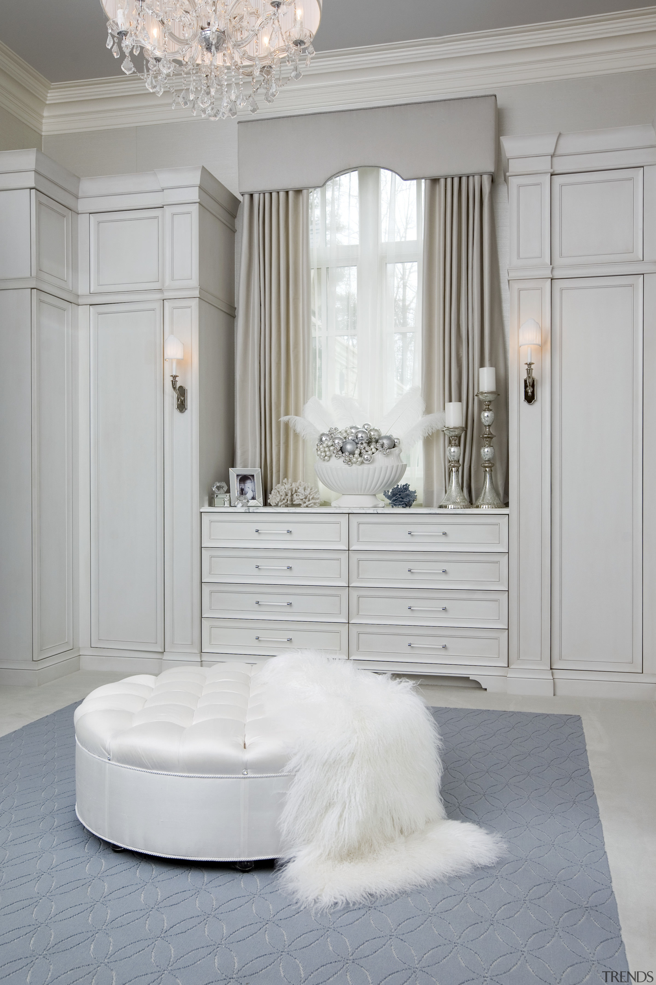 View of the dressing room which features lacquered bed, bed frame, bedroom, ceiling, chest of drawers, floor, flooring, furniture, home, interior design, mattress, product, room, textile, wall, window, gray