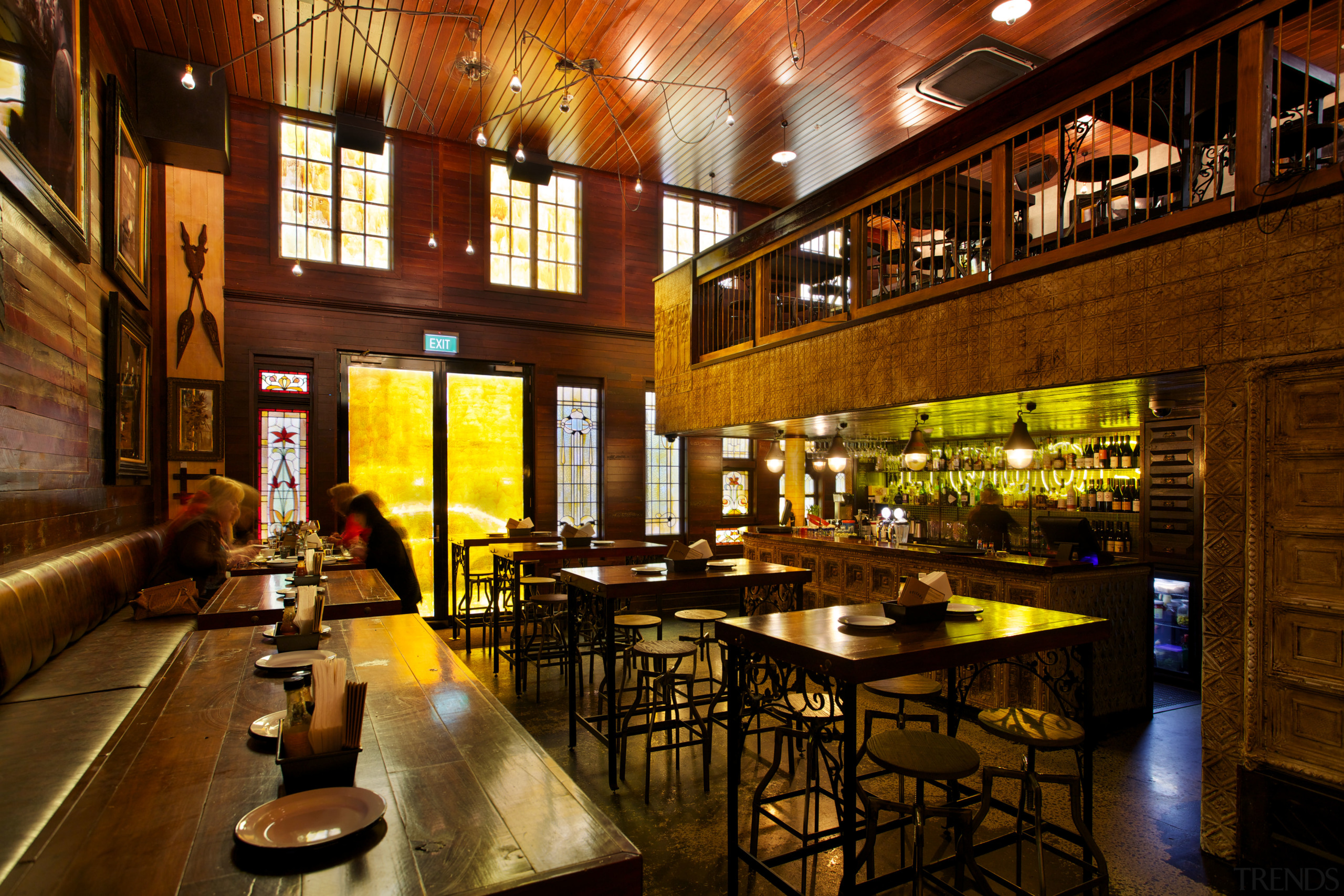 Materials recycled from demolished Christchurch houses feature in bar, café, interior design, lobby, restaurant, brown