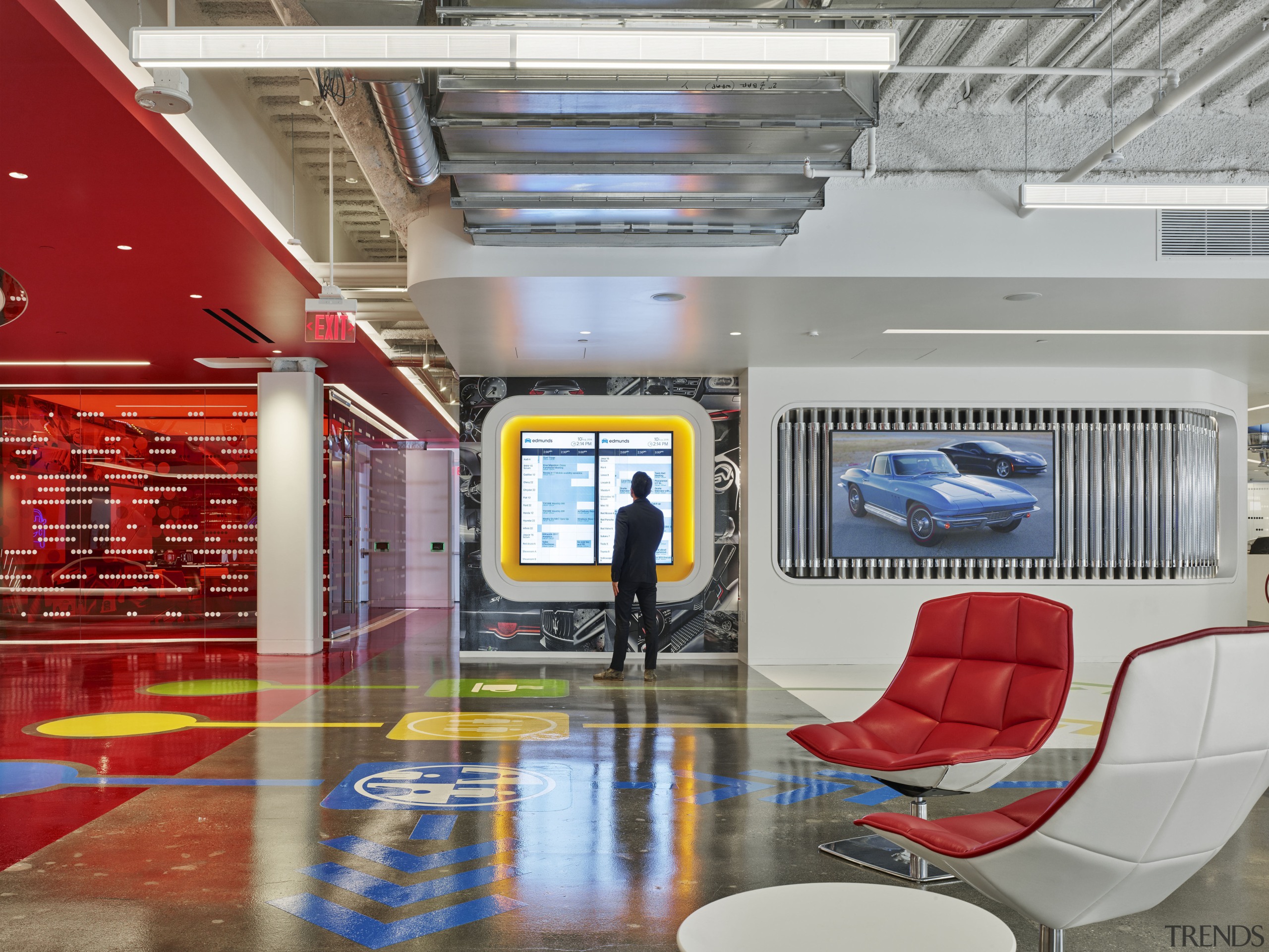 The main lobby at Edmunds.com headquarters. To the ceiling, interior design, lobby, gray