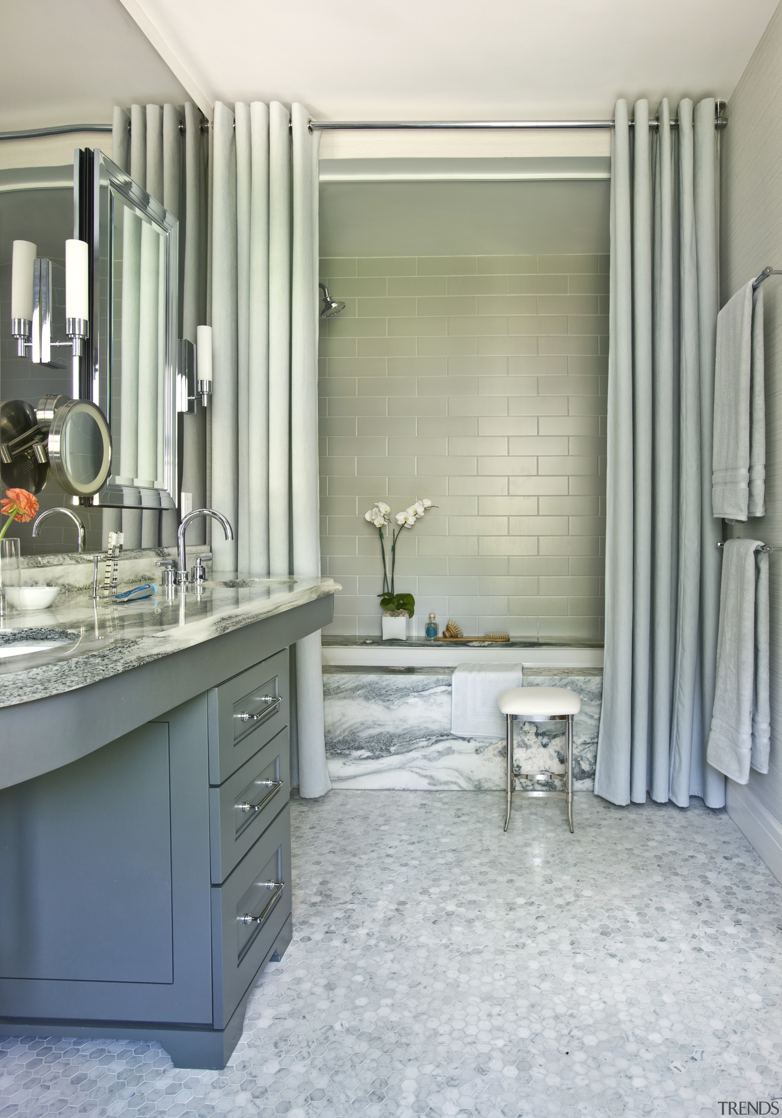 Left: Faucets and shower fittings in this bathroom bathroom, bathroom accessory, bathroom cabinet, cabinetry, countertop, floor, flooring, home, interior design, kitchen, room, sink, tile, wall, gray