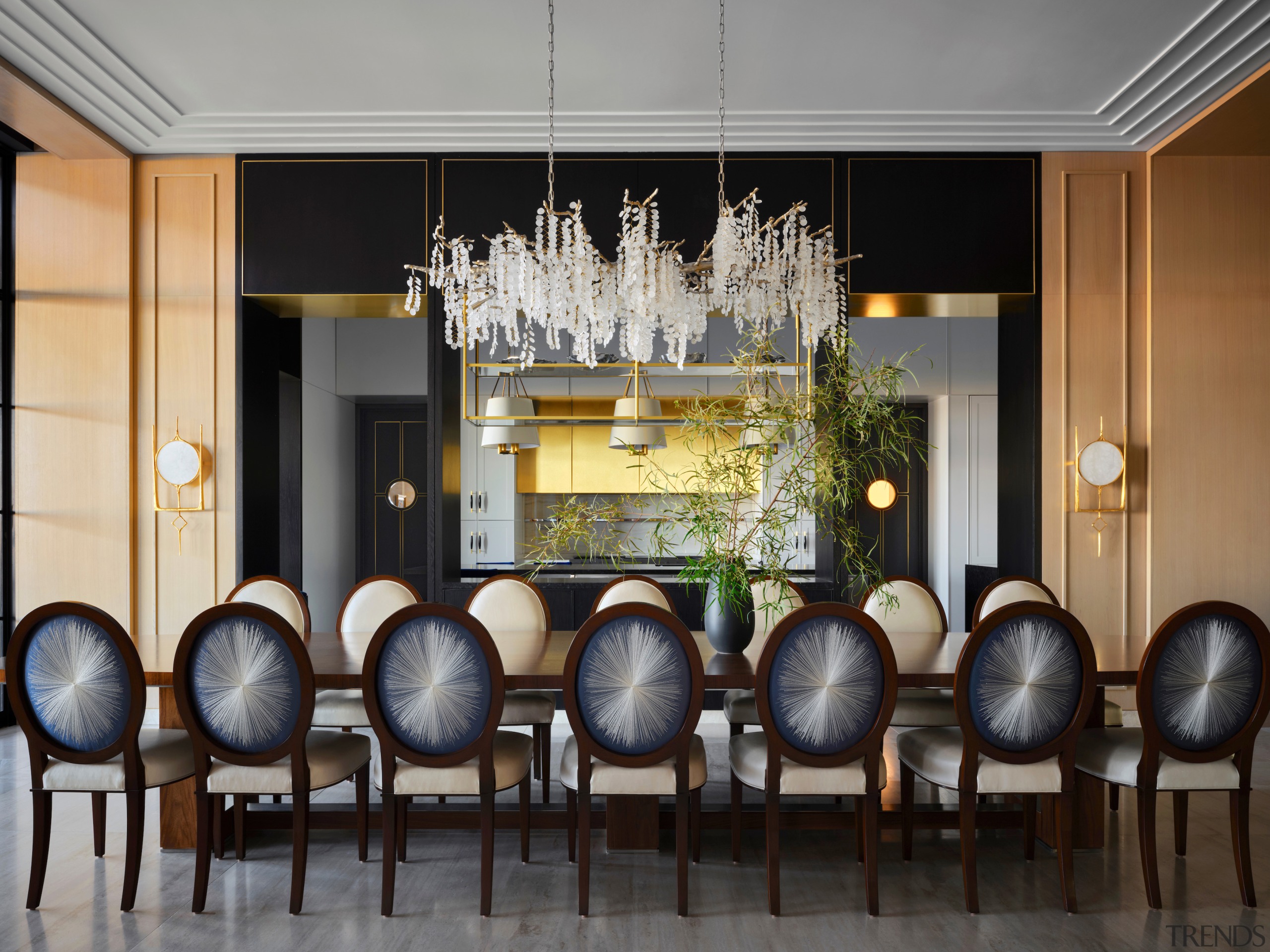 The main dining room is trimmed in dark 