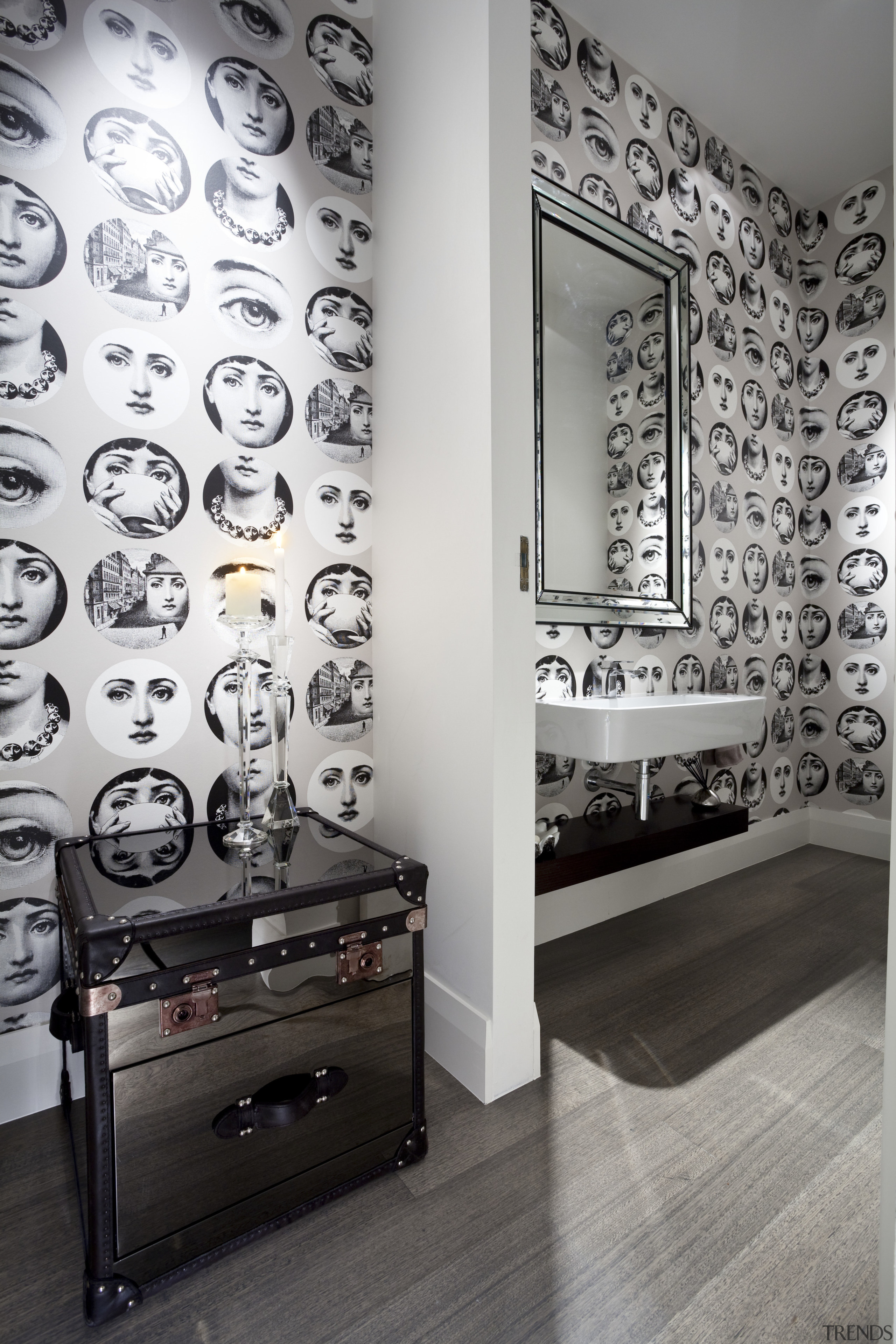 View of renovated home which features powder room black and white, design, interior design, room, wall, gray