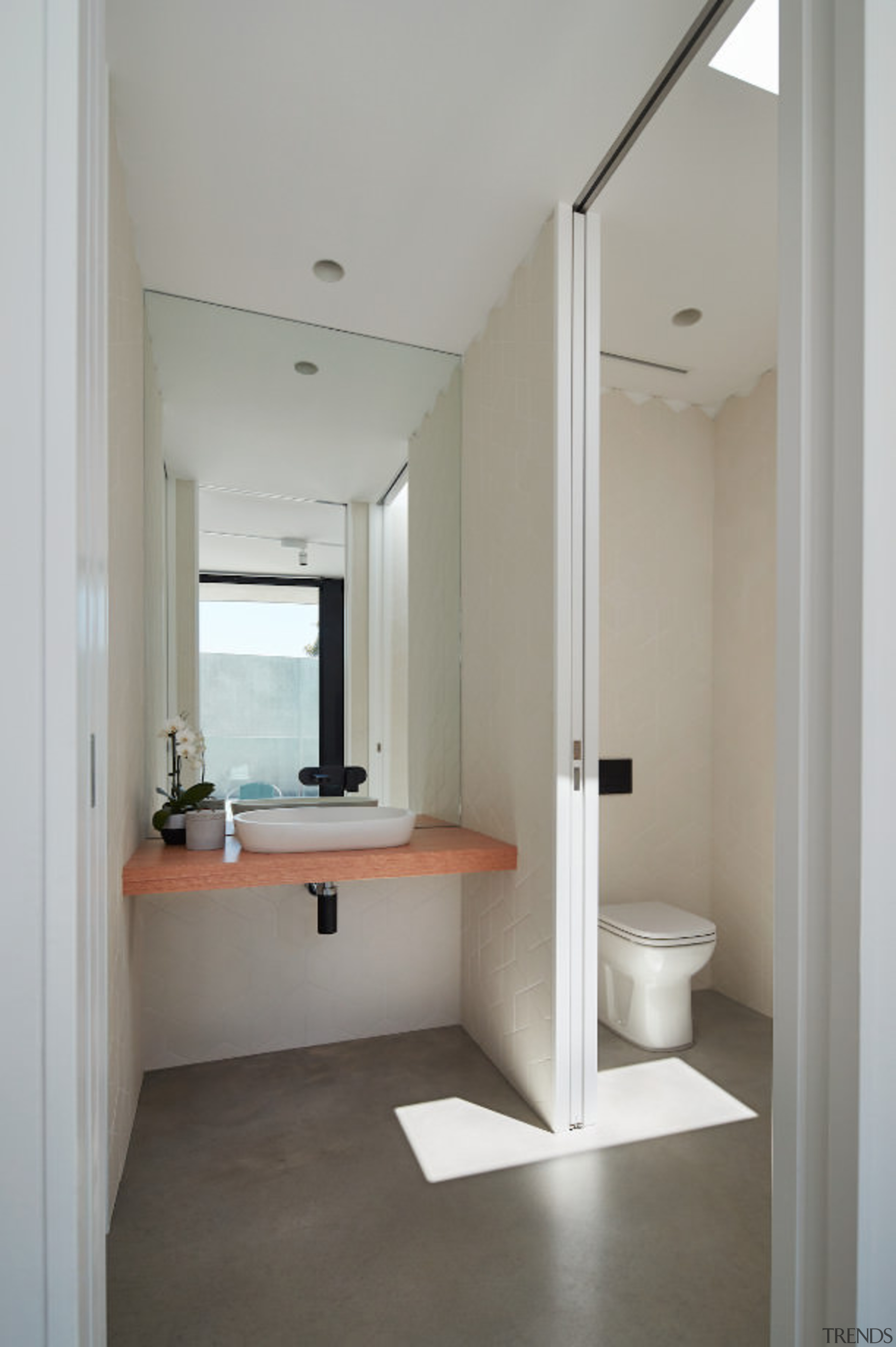 One of the bathroom with a floating vanity architecture, bathroom, ceiling, daylighting, floor, home, house, interior design, real estate, room, sink, window, gray
