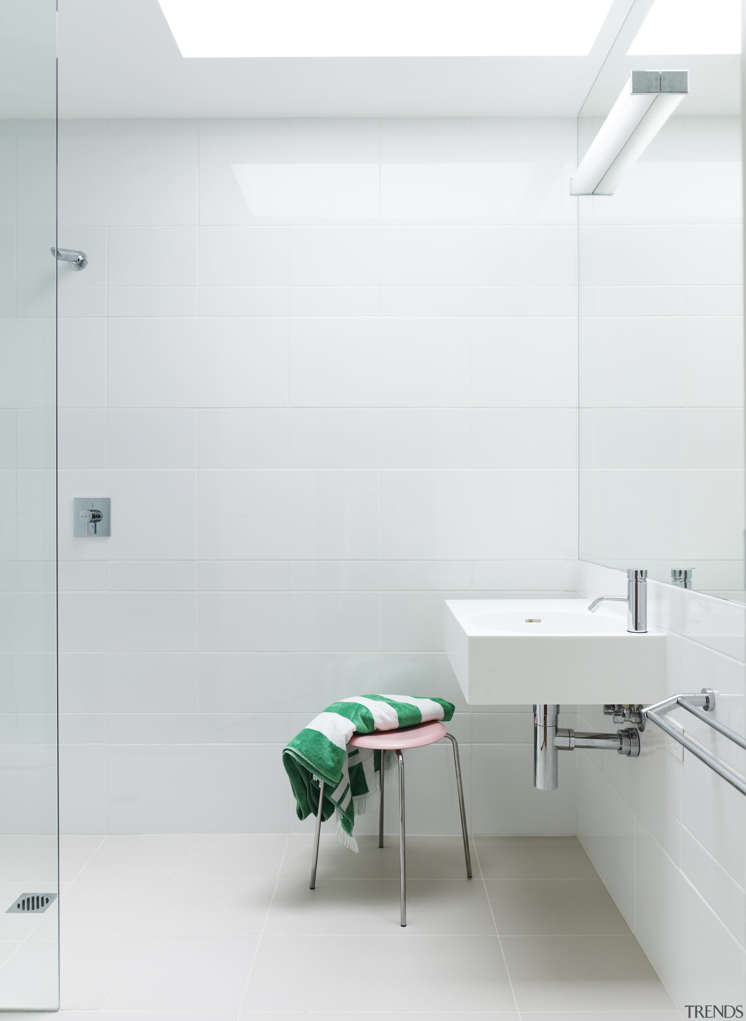 white bathroom, vanity, shower stall - white bathroom, bathroom, bathroom sink, floor, glass, interior design, lighting, plumbing fixture, product, product design, sink, tap, tile, wall, white