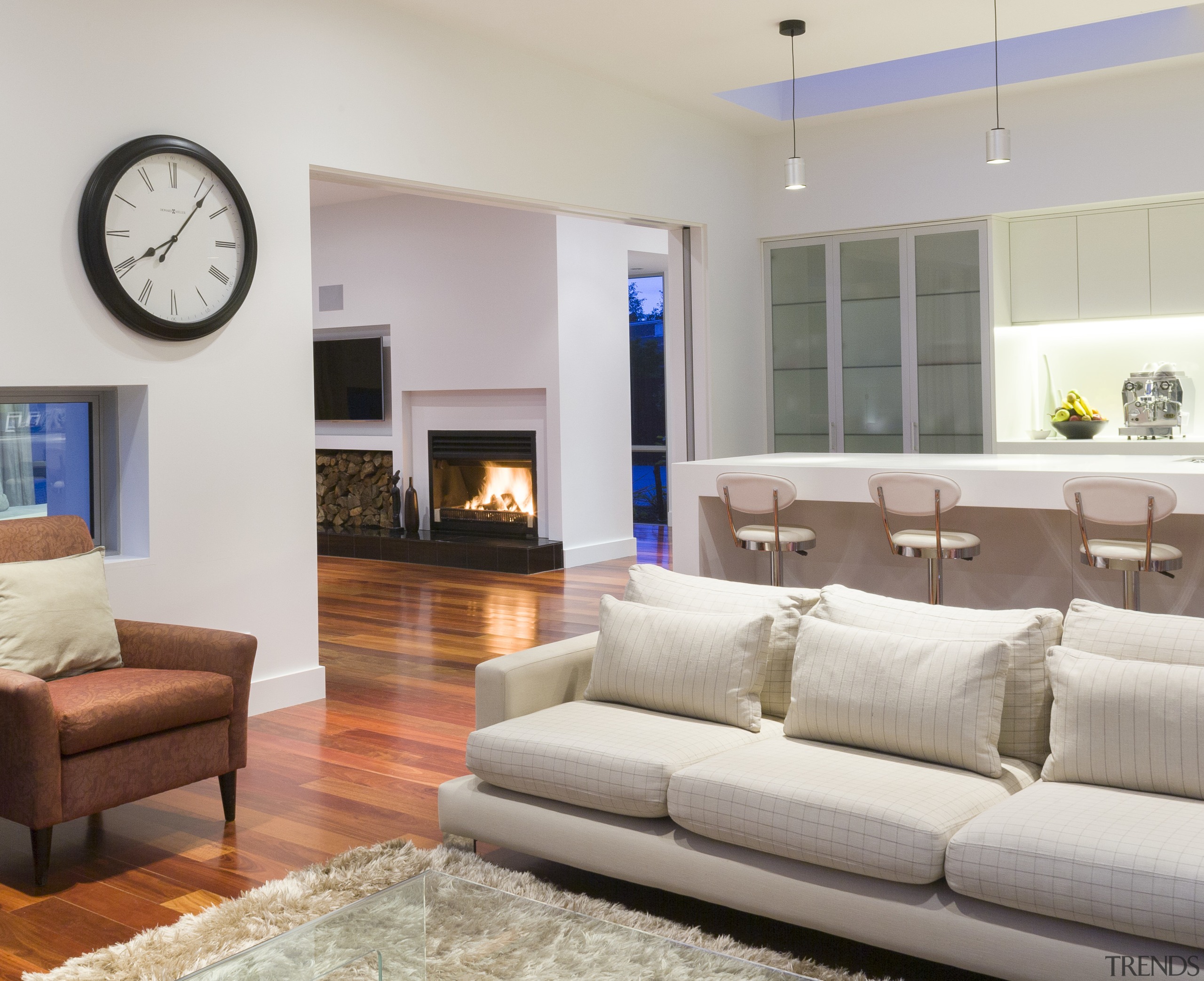 Contemporary new home.  Timber floors bring a floor, furniture, home, interior design, living room, property, real estate, room, gray