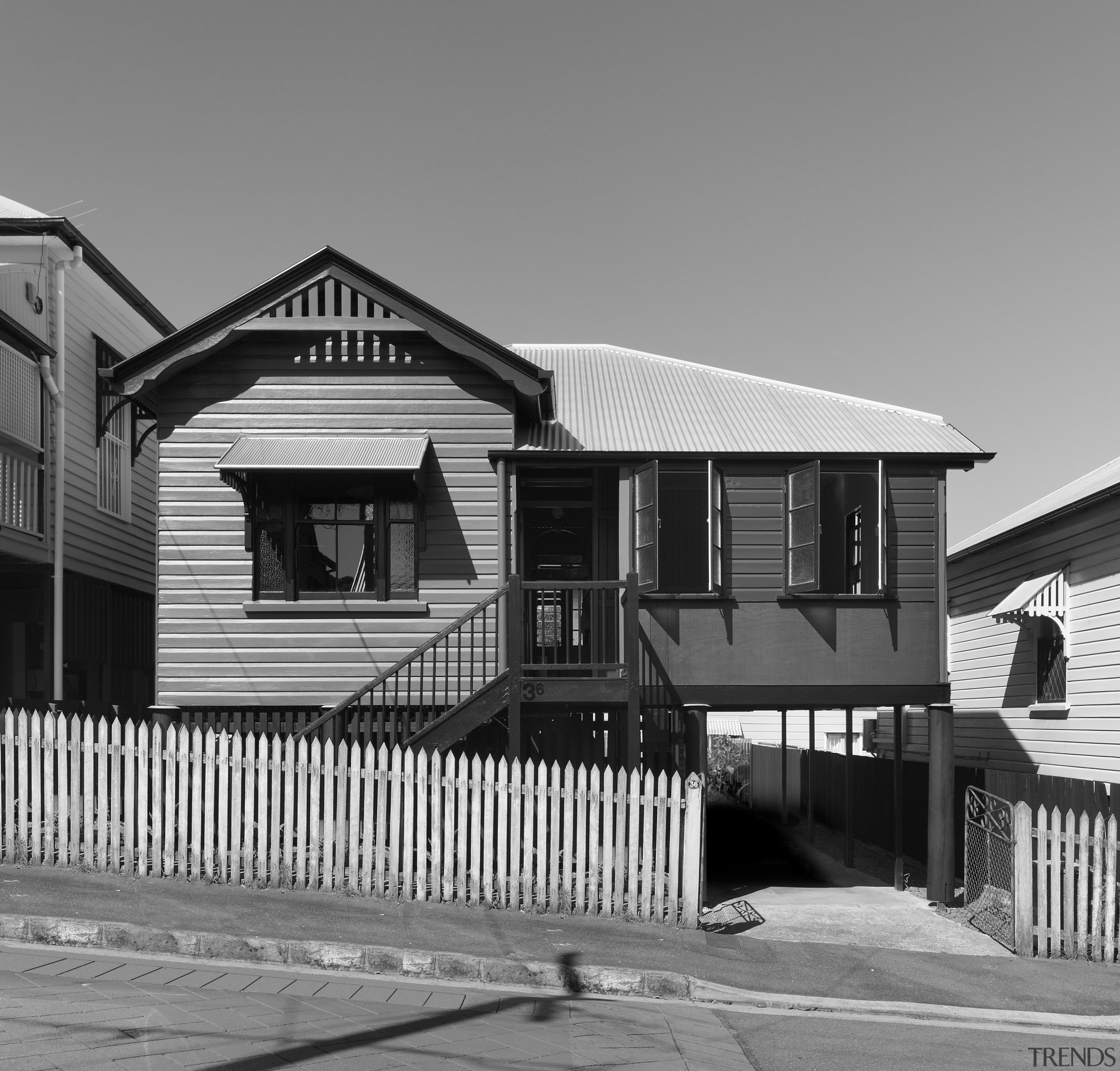 View of an inner city cottage. - View architecture, black and white, building, facade, home, house, landmark, line, monochrome, monochrome photography, neighbourhood, real estate, residential area, siding, structure, suburb, town, gray, black