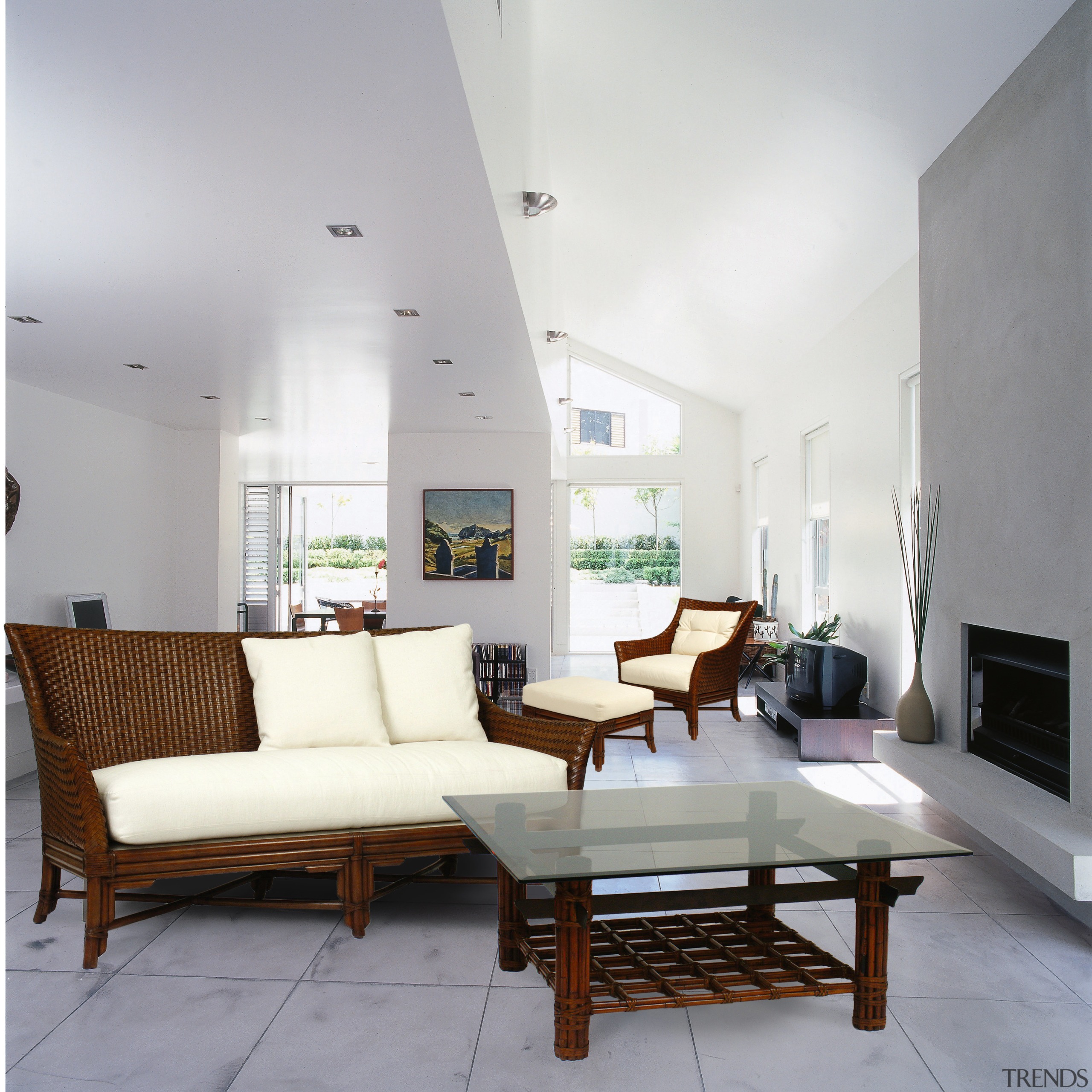 Interior view of the lounge and living area ceiling, coffee table, daylighting, floor, furniture, house, interior design, living room, property, real estate, room, table, gray, white