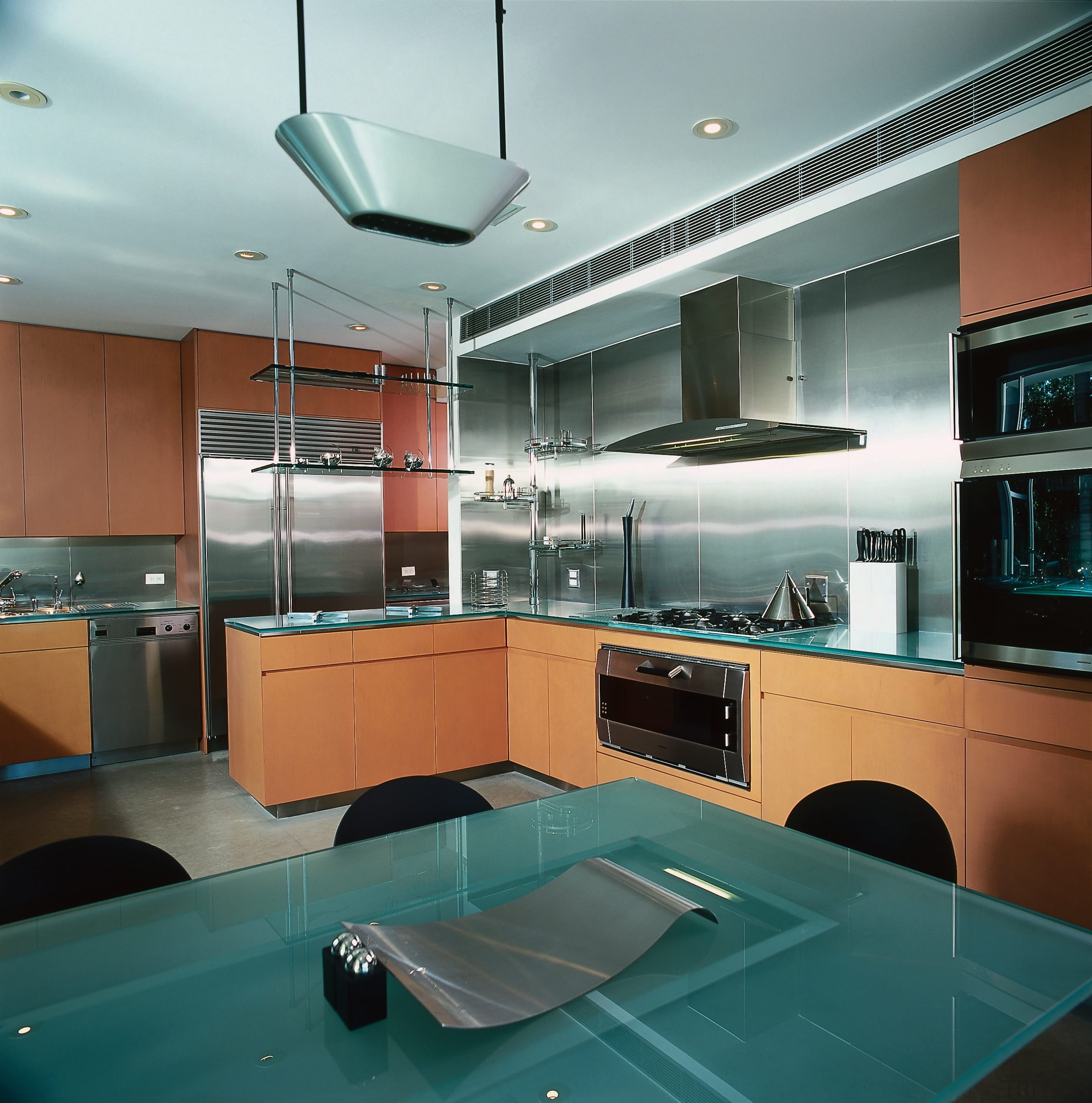 View of the kitchen, wooden cabinetry, glass dining architecture, cabinetry, ceiling, countertop, glass, interior design, kitchen, lighting, gray