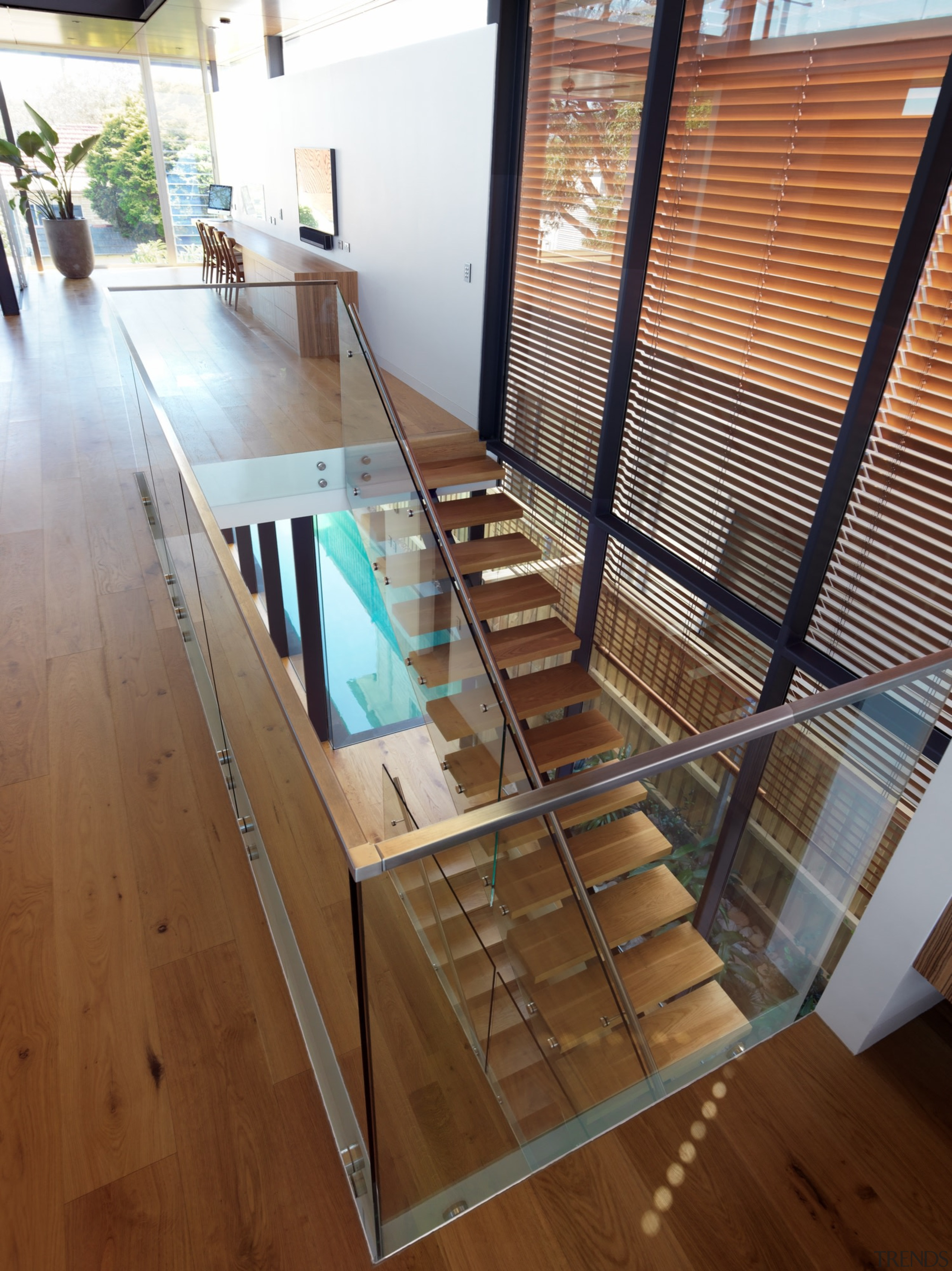 Roar Northcurlcurl House 30S - daylighting | floor daylighting, floor, flooring, furniture, glass, handrail, hardwood, interior design, stairs, table, wood, wood flooring, brown