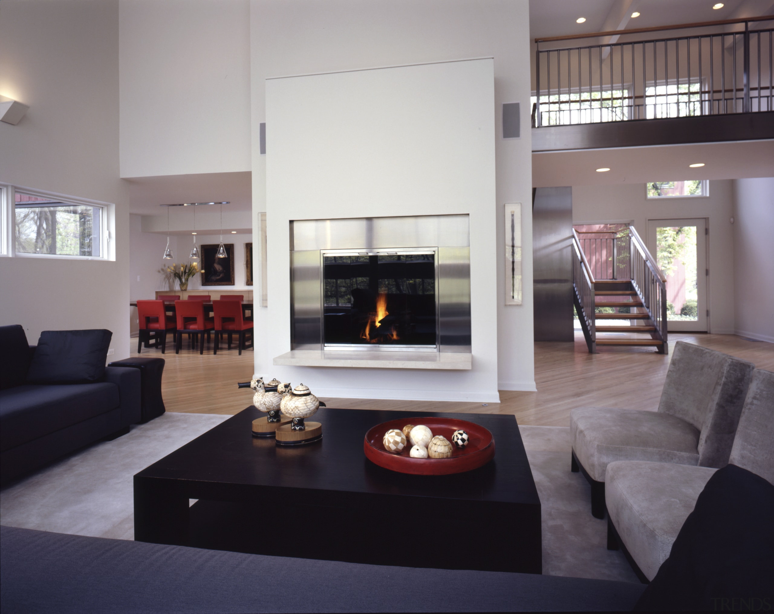Overview of the main living areas - Overview fireplace, hearth, interior design, living room, real estate, room, gray
