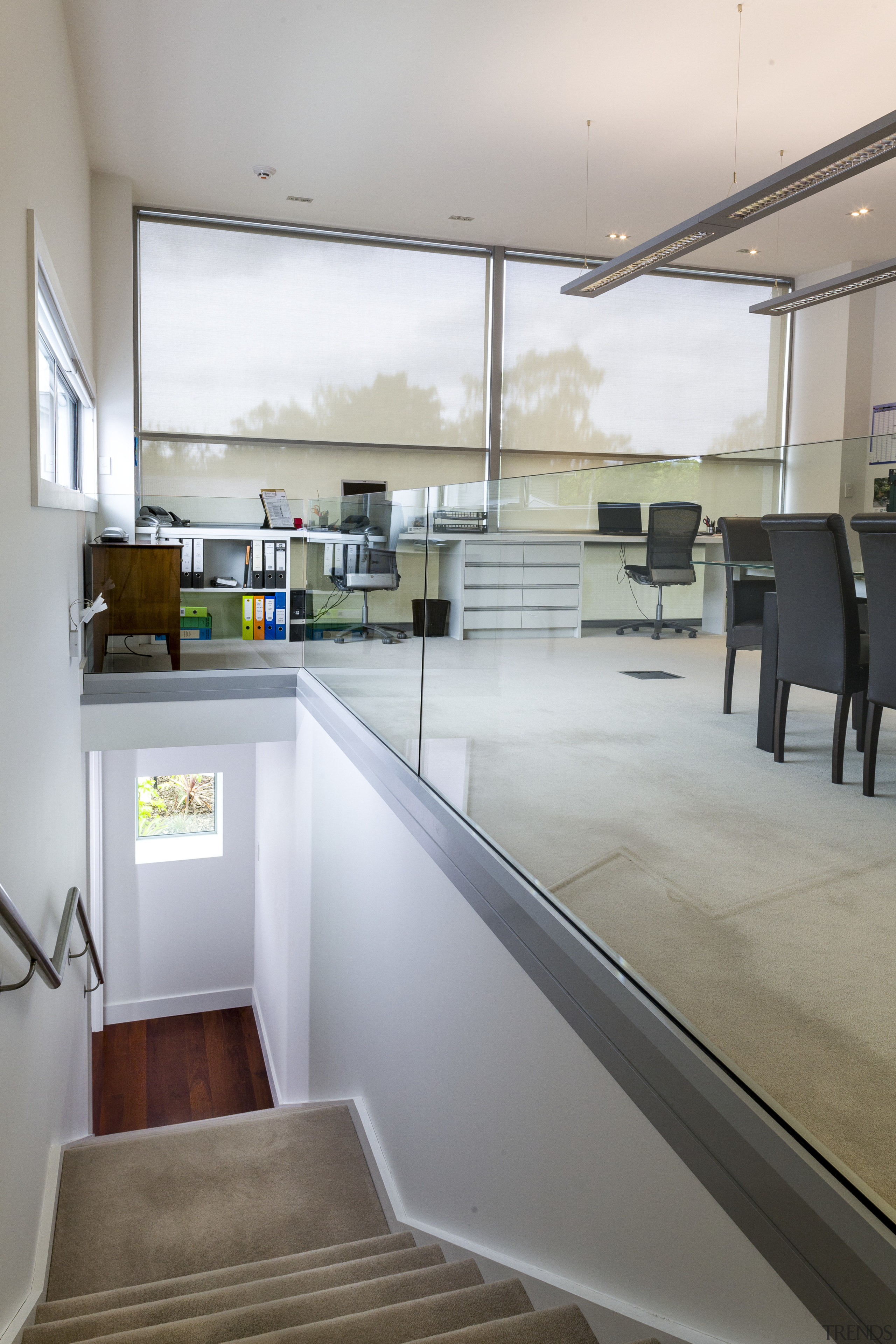 Contemporary new home.   Awauy from it architecture, countertop, floor, glass, handrail, house, interior design, kitchen, gray