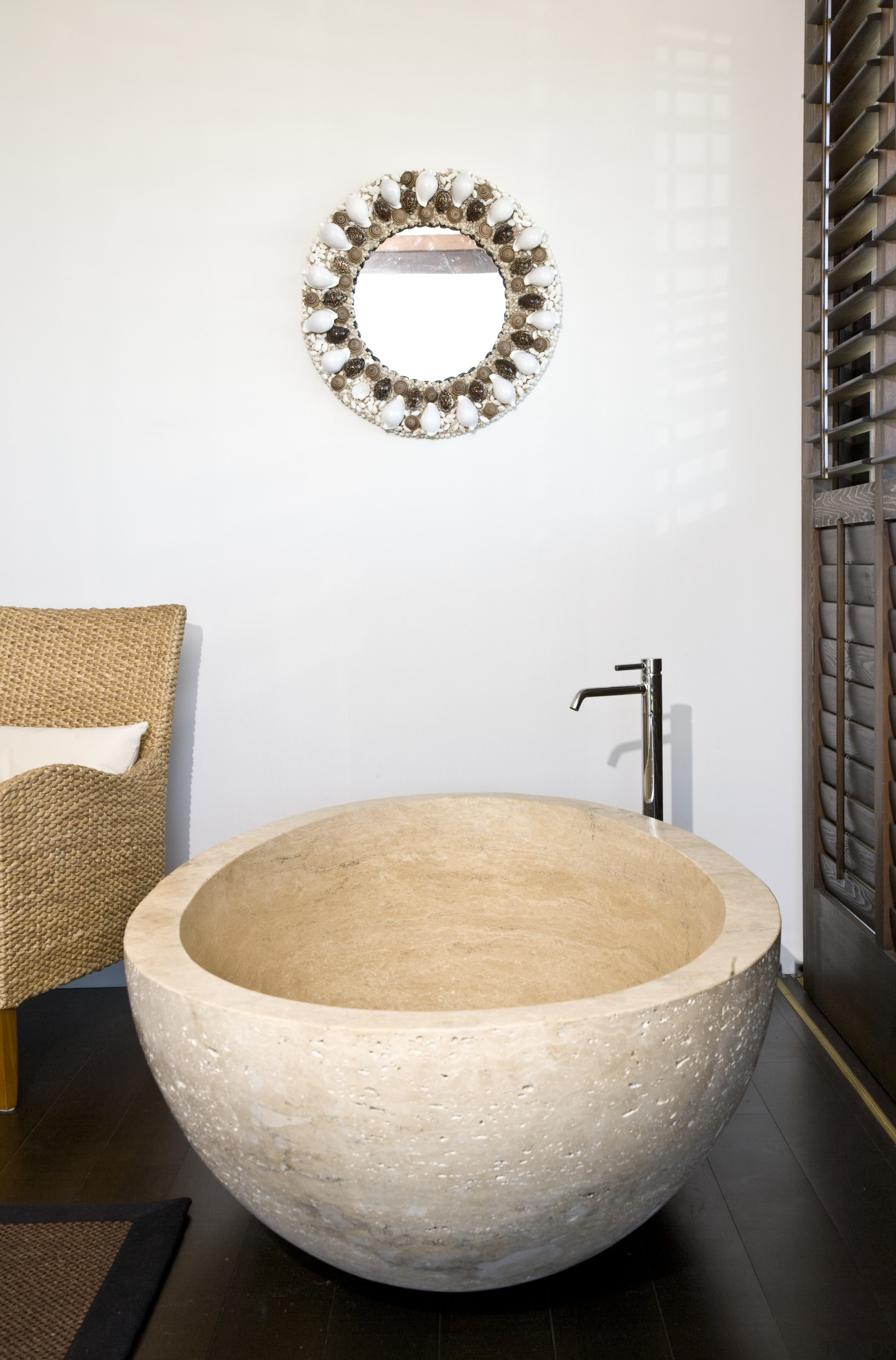 View of stone tub which is in plain bathroom, bathroom sink, ceramic, floor, flooring, interior design, plumbing fixture, product design, sink, tap, toilet seat, white