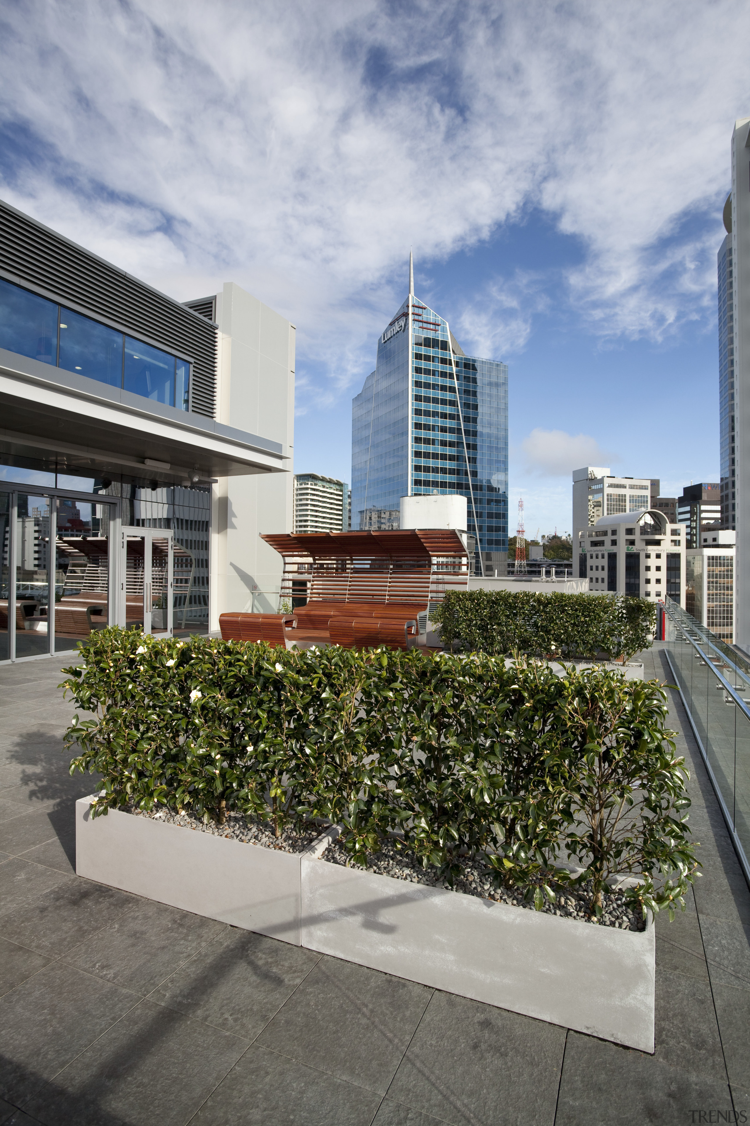 View of outdoor area with Inscape plants. - apartment, architecture, building, city, condominium, corporate headquarters, daytime, downtown, metropolitan area, mixed use, real estate, reflection, residential area, roof, sky, skyline, skyscraper, tower block, urban area, urban design, gray