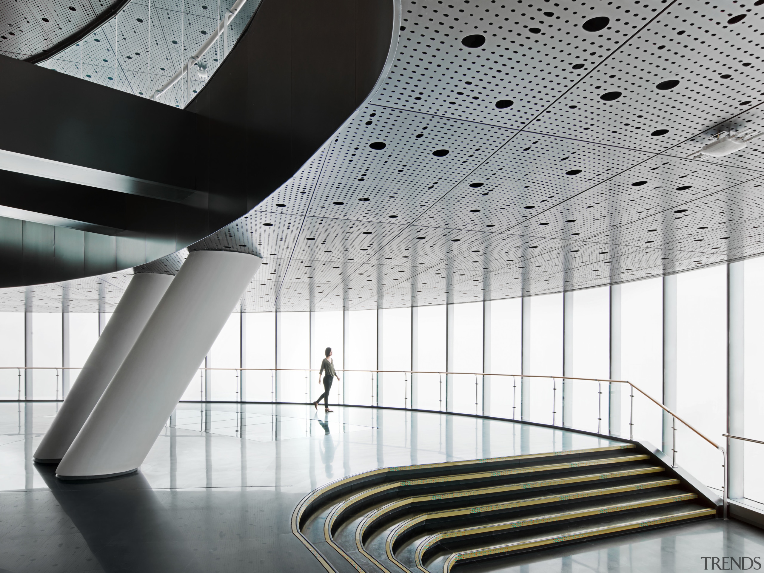 The highest of the Shanghai Towers nine zones architecture, black and white, building, ceiling, daylighting, glass, interior design, line, lobby, product design, structure, symmetry, gray