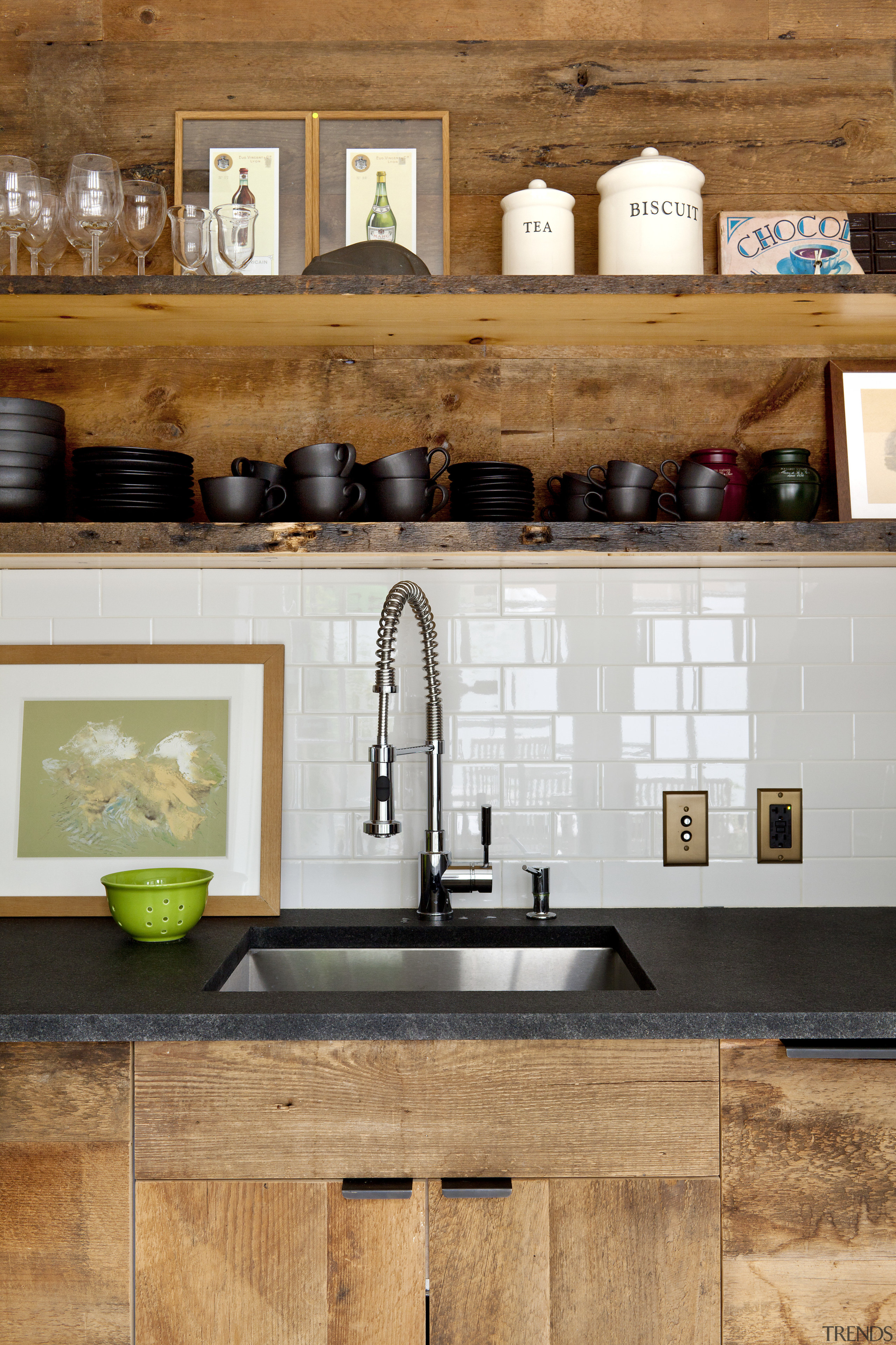 Kitchenette detail in Manhattan townhouse remodel - Kitchenette cabinetry, countertop, cuisine classique, flooring, home, interior design, kitchen, kitchen organizer, room, shelf, tile, orange, brown