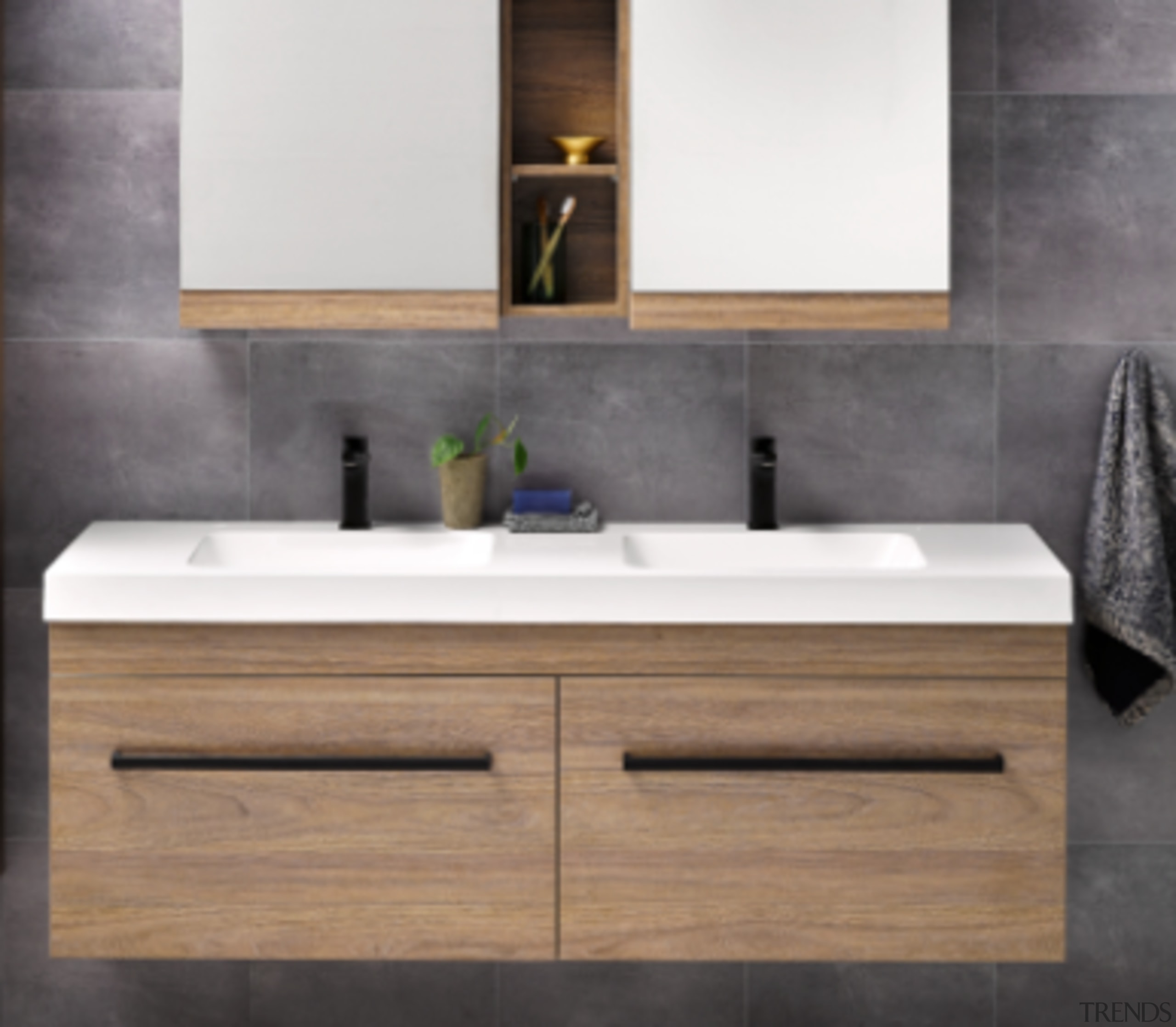 Soft basin corners and thick external lines give bathroom, bathroom accessory, bathroom cabinet, bathroom sink, countertop, floor, furniture, hardwood, interior design, plumbing fixture, sink, tap, tile, wall, gray