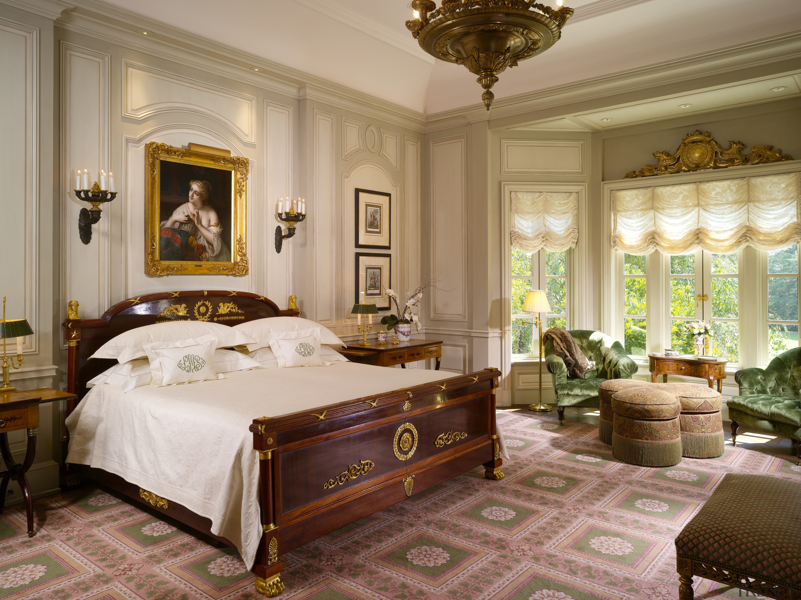 View of home with light-toned walls, square design bed, bed frame, bedroom, ceiling, estate, furniture, home, interior design, living room, room, suite, brown