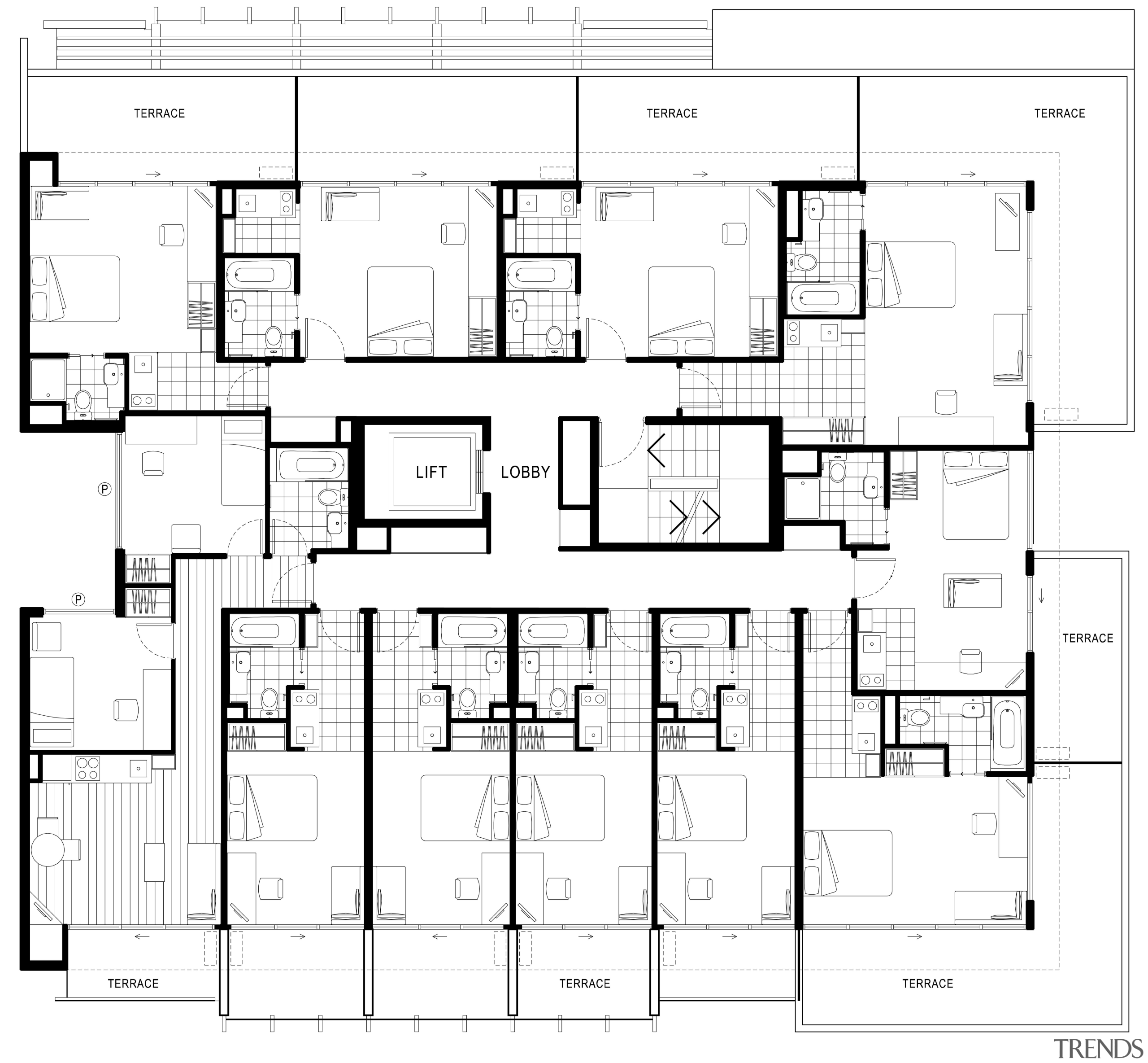 Image of floor plans for an area of architecture, area, black and white, design, drawing, floor plan, font, line, pattern, plan, product design, schematic, square, symmetry, text, white