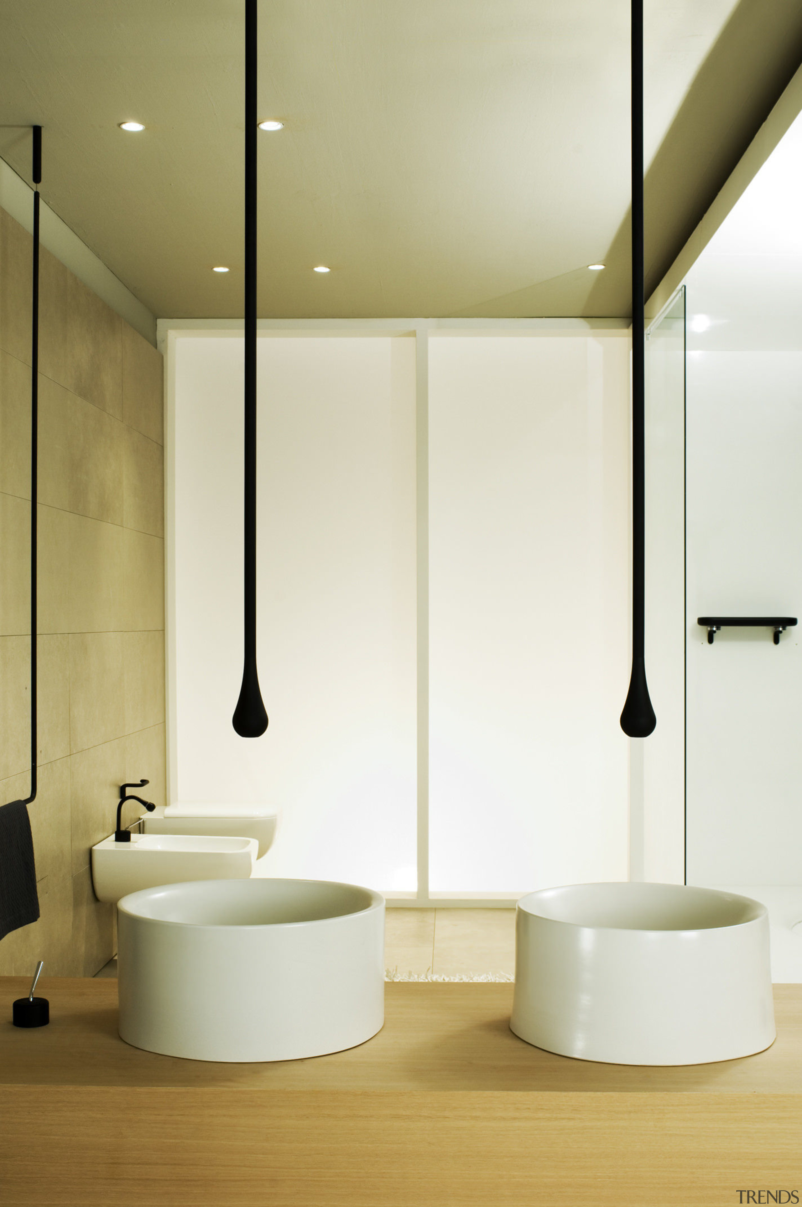 View of contemporary basins. - View of contemporary bathroom, ceramic, floor, interior design, plumbing fixture, product design, sink, tap, white