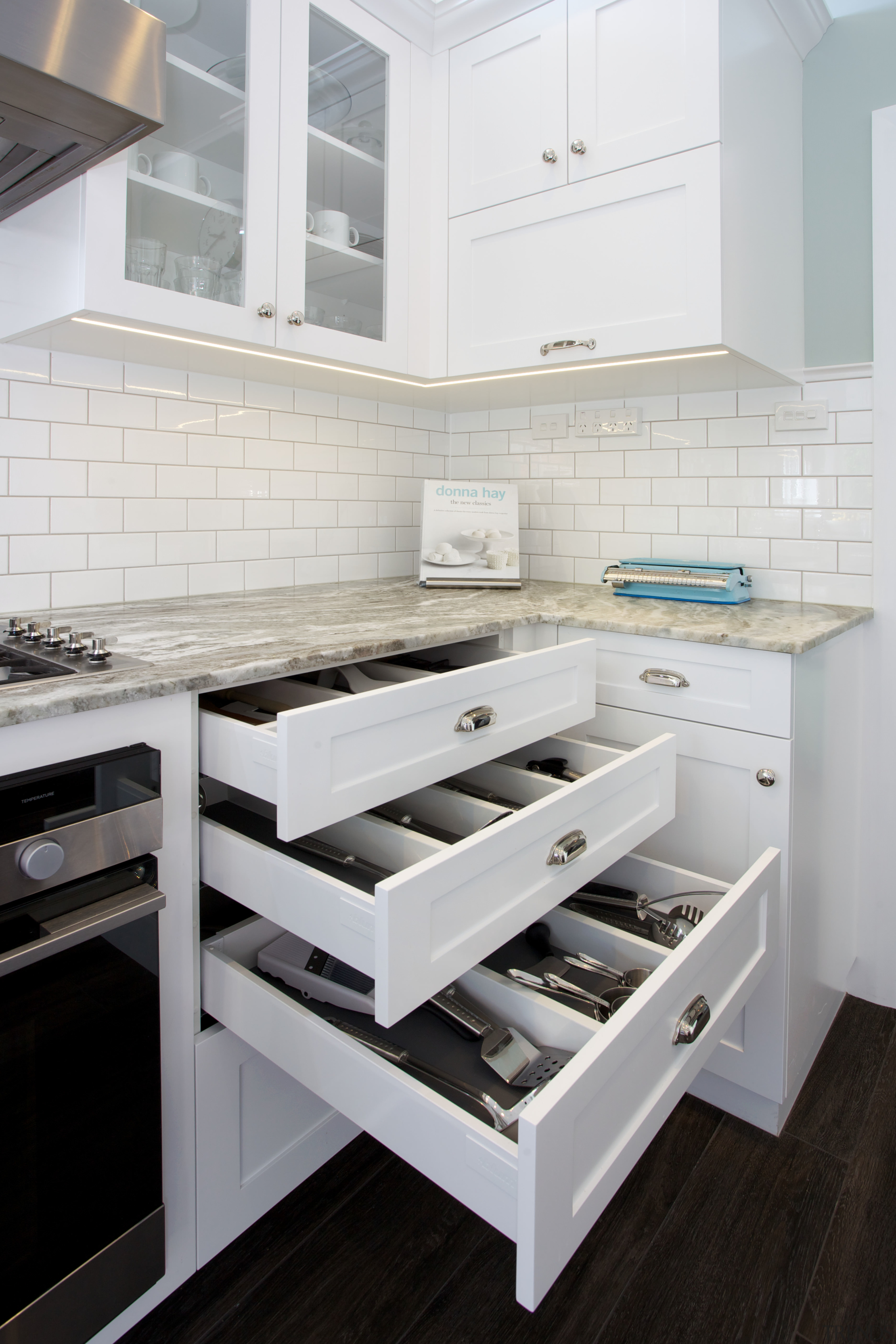 Storage in this kitchen is optimised with new countertop, floor, furniture, interior design, kitchen, product design, room, white, gray