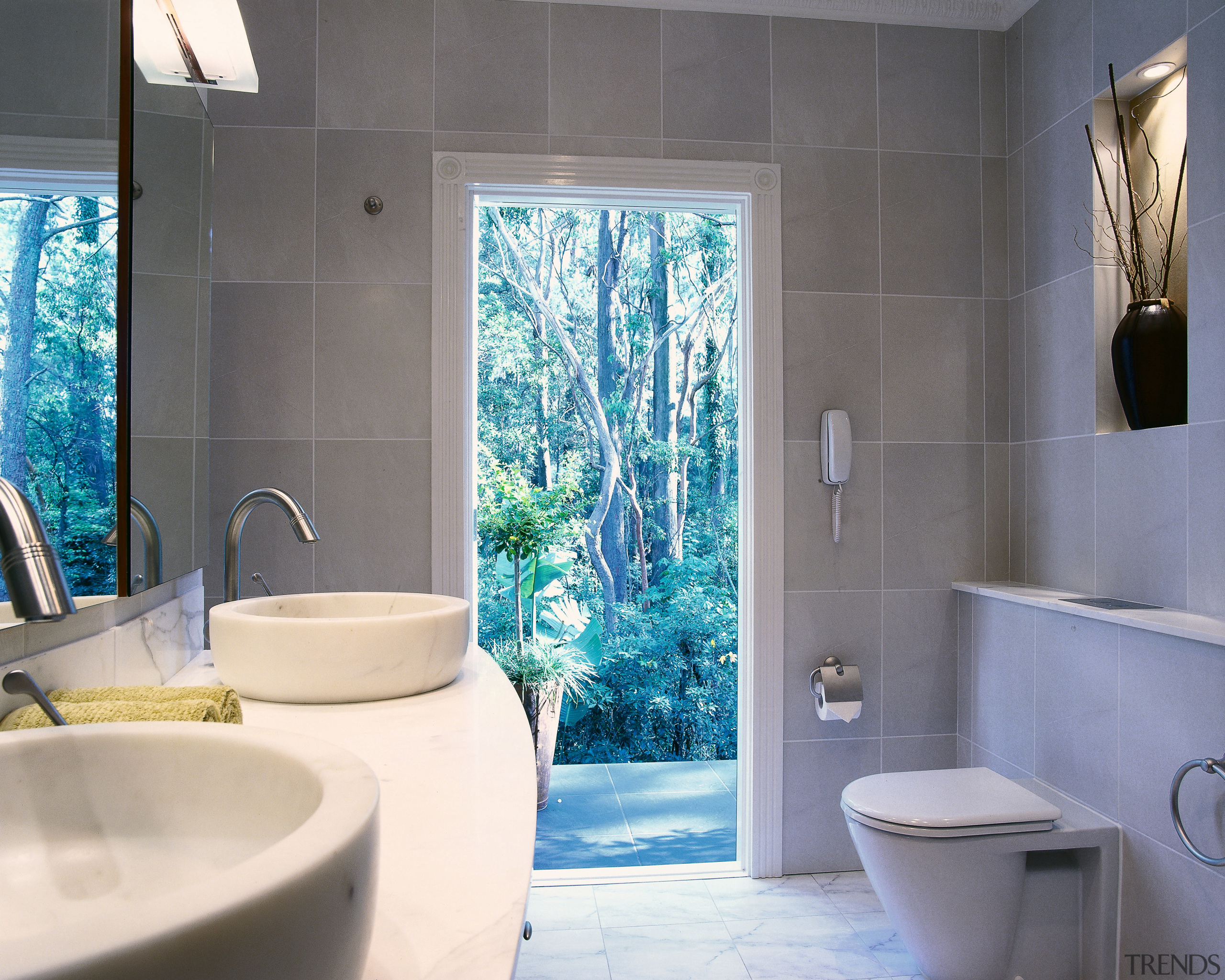 view of the honed calcutta stone vessels and bathroom, blue, floor, home, interior design, room, tile, wall, window, gray