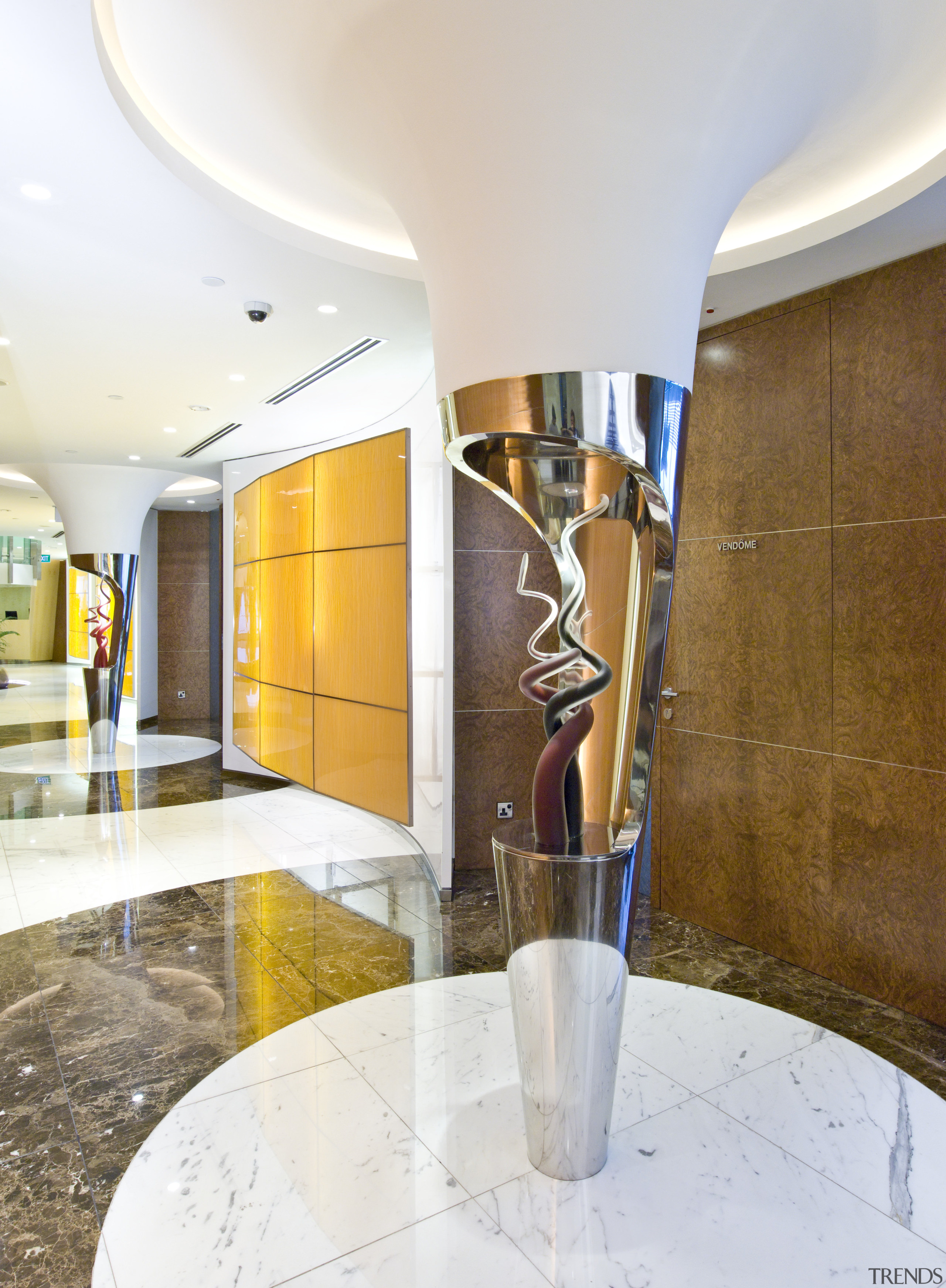 View of a sculpture in the corridor with ceiling, interior design, lobby, real estate, white