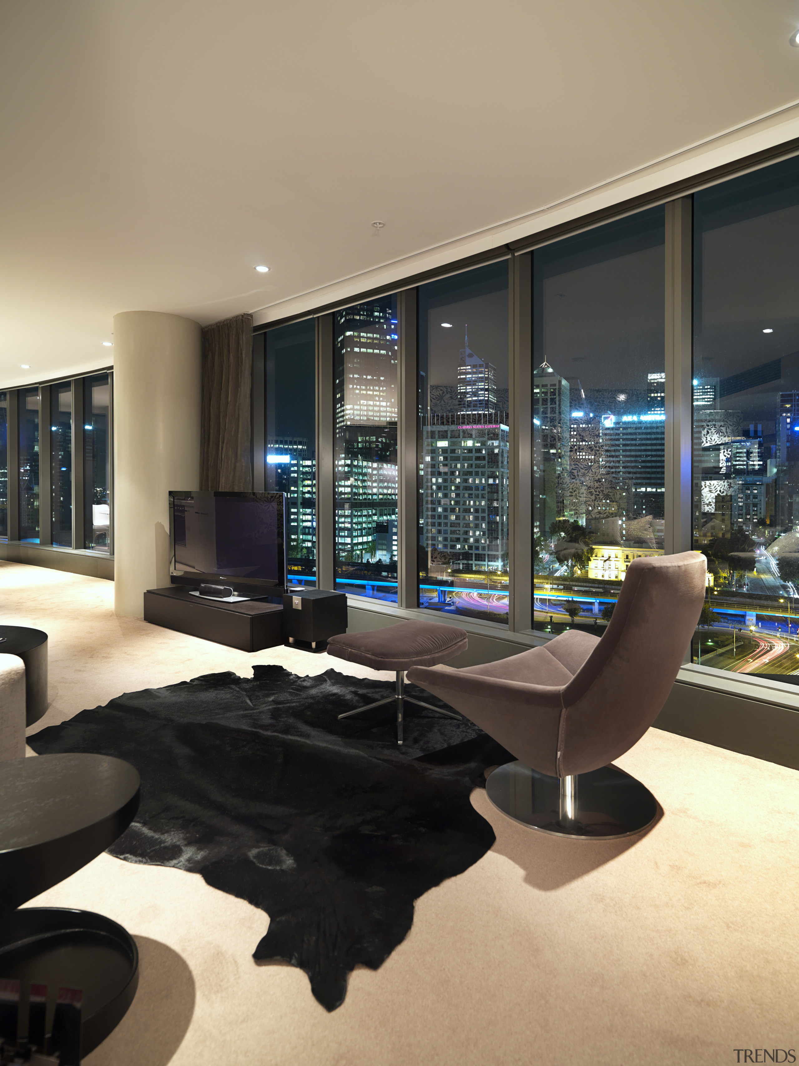 View of an apartment by interior designer Jane interior design, living room, orange, black