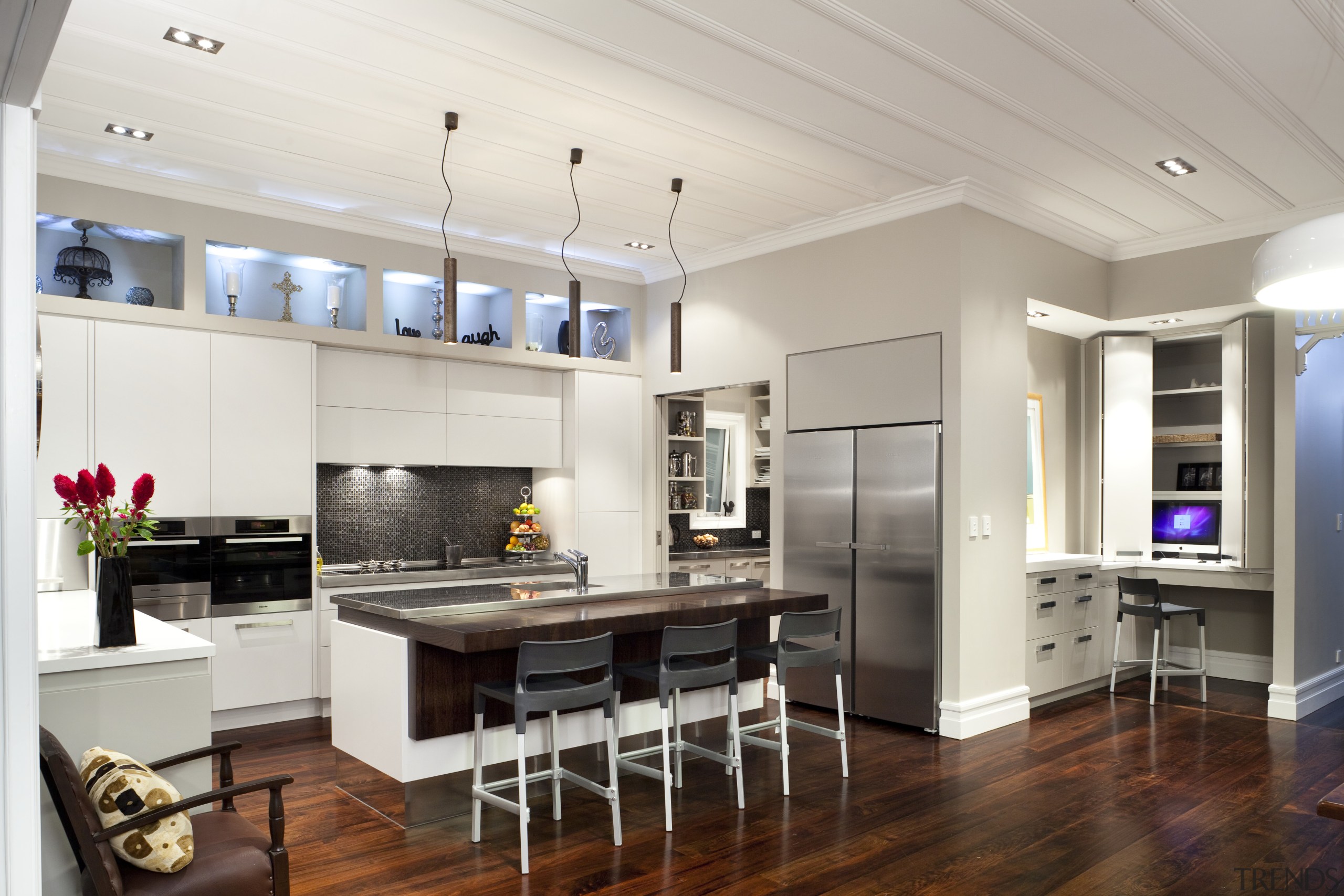 dark wooden floors from kitchen to mini study countertop, floor, interior design, kitchen, living room, real estate, room, wood flooring, gray