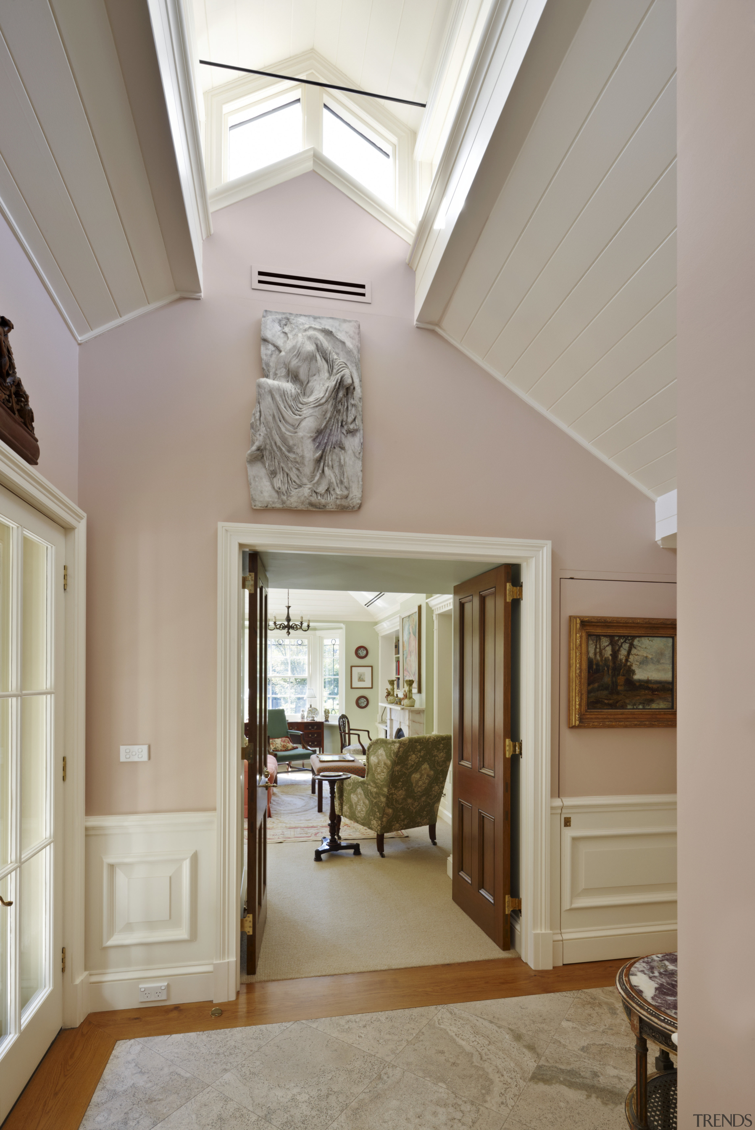 Interior view of traditional home - Interior view ceiling, daylighting, door, estate, floor, flooring, hardwood, home, house, interior design, living room, molding, property, real estate, room, wall, window, gray