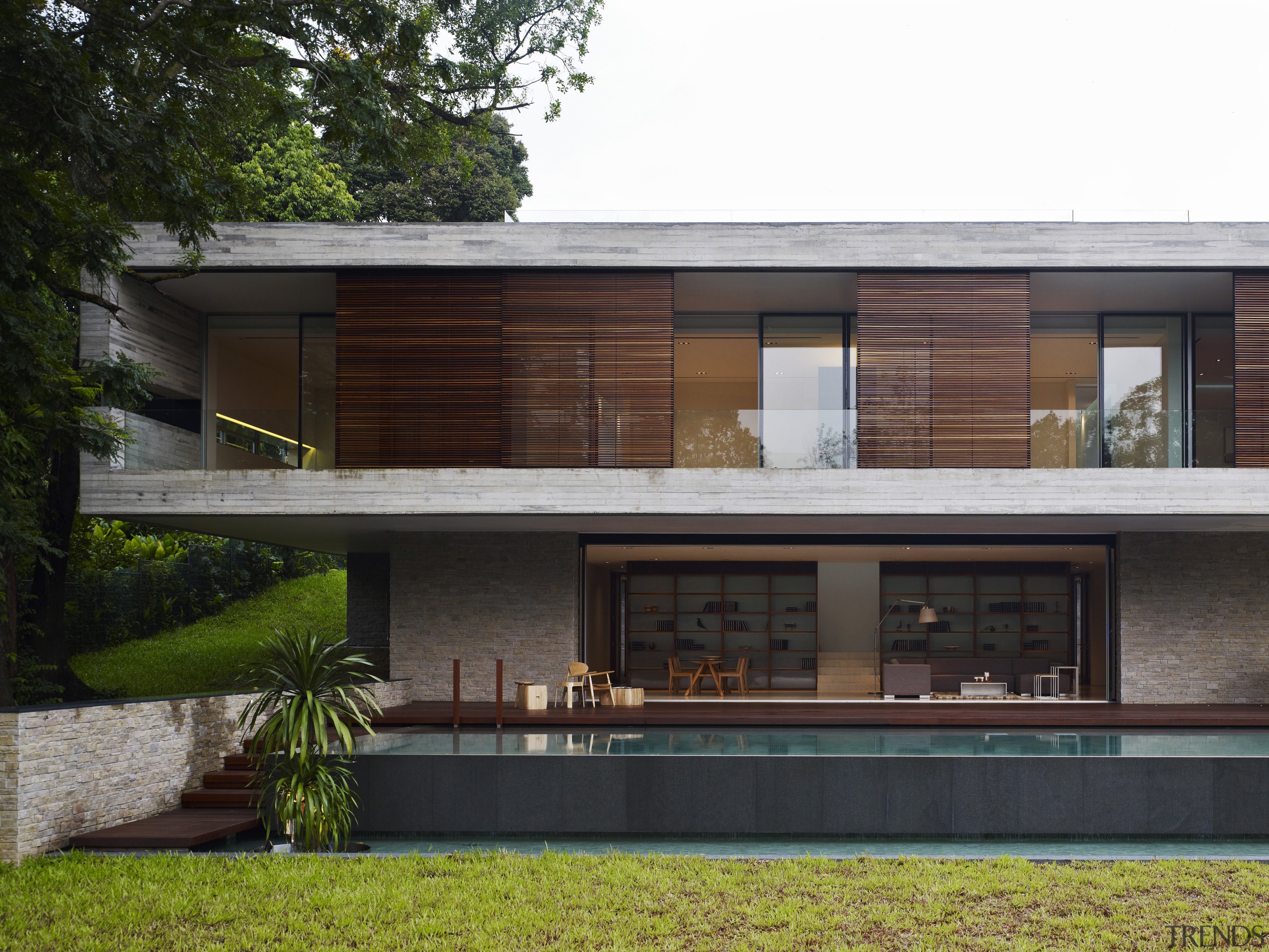 This low-lying, high-end house is by Ong Singapore architecture, building, elevation, facade, home, house, property, real estate, residential area, siding, window, black