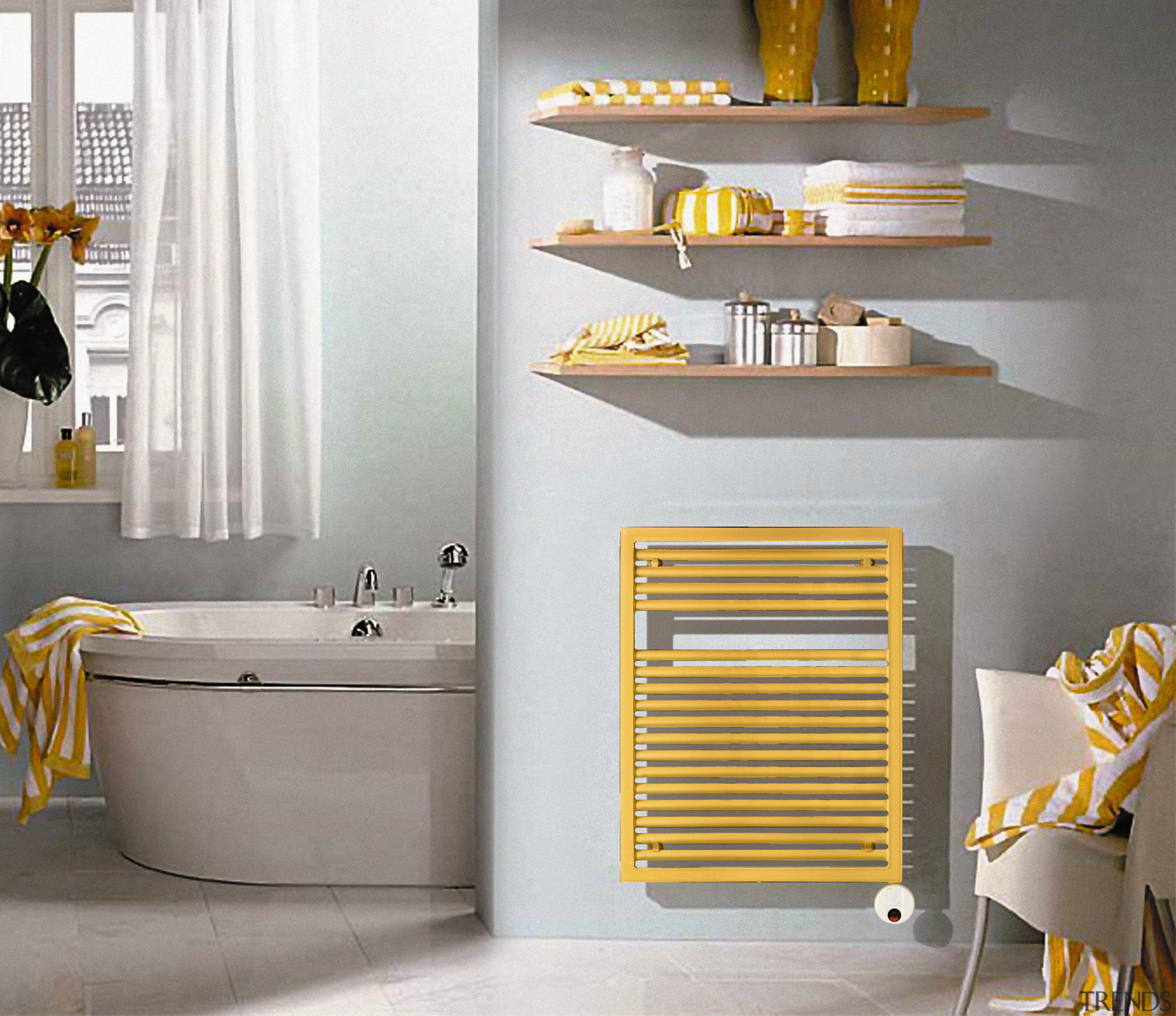 View of this bathroom - View of this bathroom, bathroom accessory, bathroom cabinet, chest of drawers, furniture, interior design, plumbing fixture, product, product design, shelf, shelving, tap, yellow, white, gray