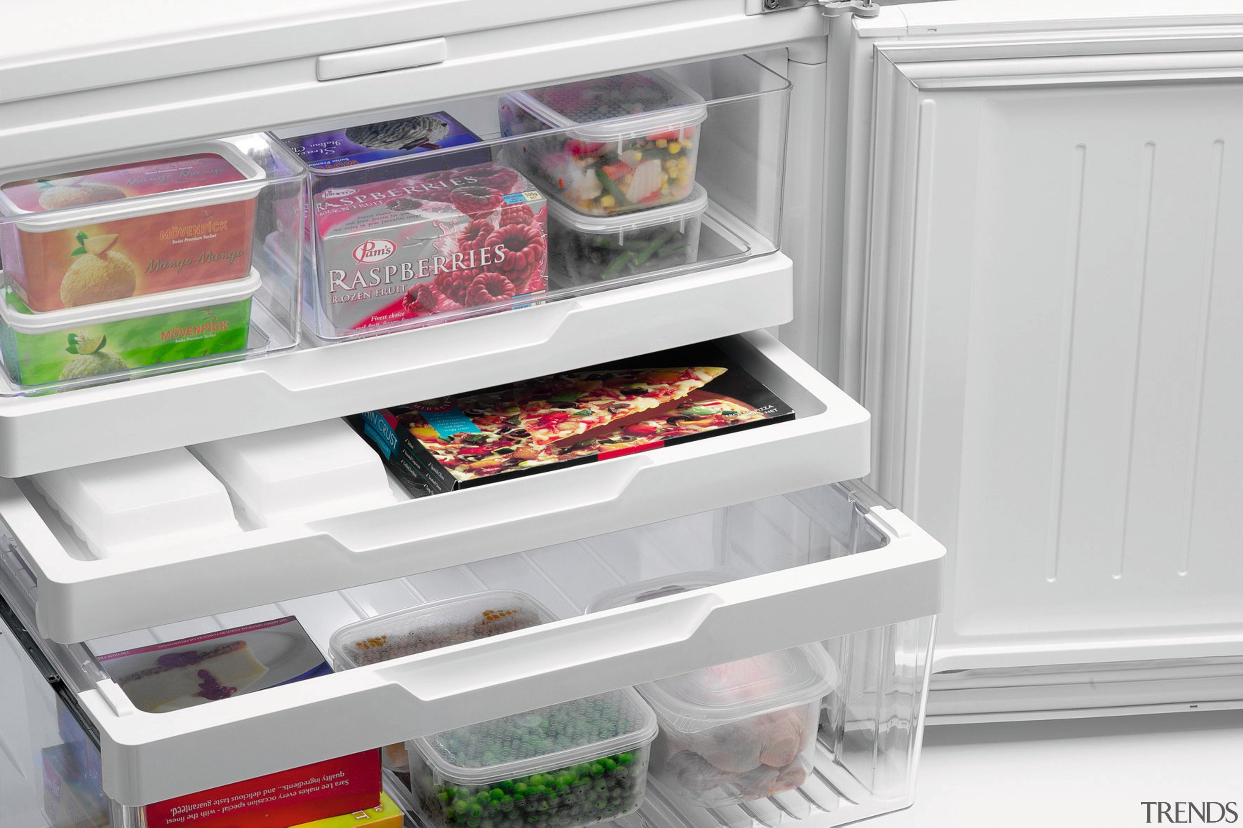 Examples of the new Fisher &amp; Paykel technology frozen food, home appliance, kitchen appliance, major appliance, plastic, product, refrigerator, shelf, shelving, white