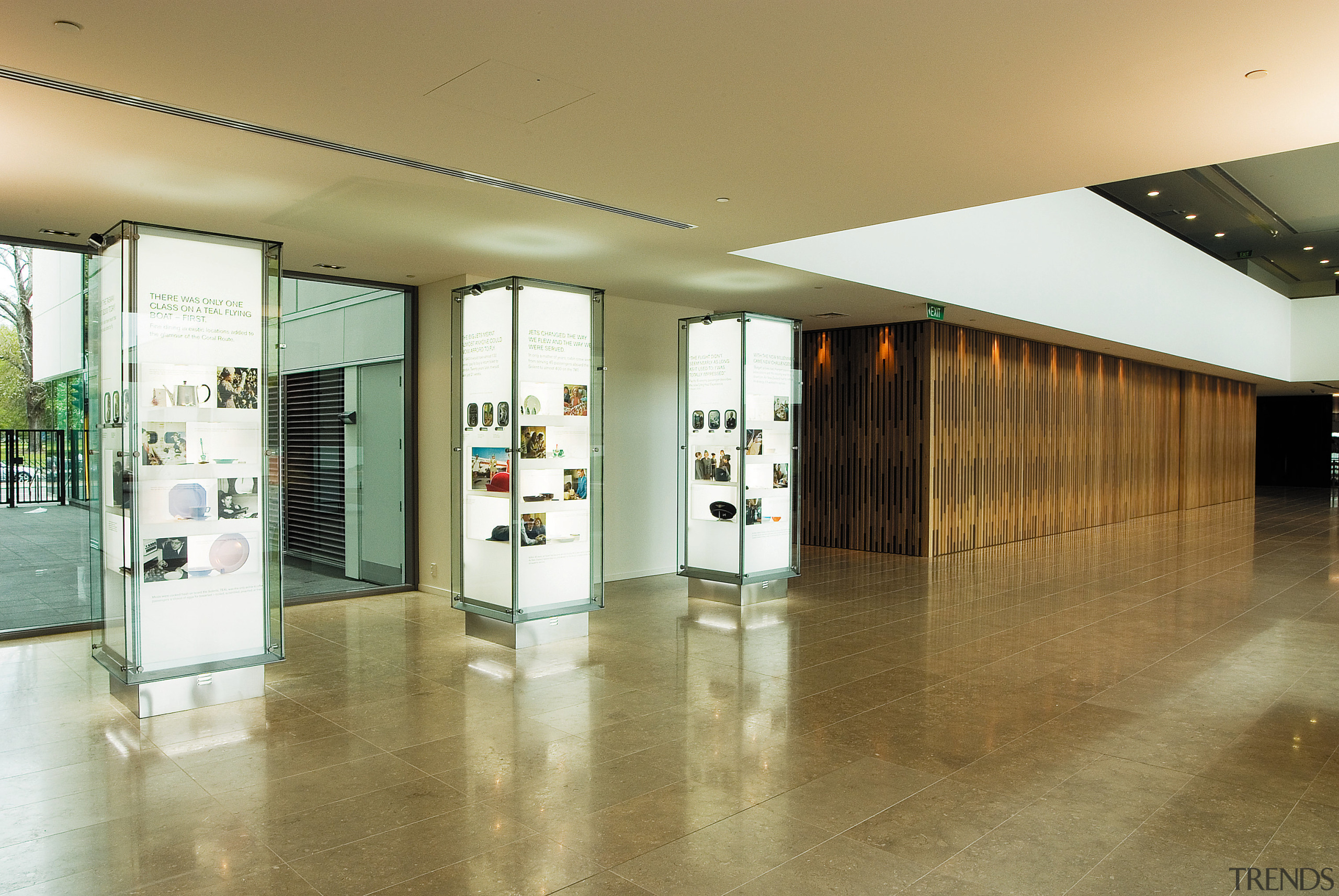 A view of the AirNZ building. - A architecture, ceiling, floor, flooring, glass, interior design, lobby, brown, white