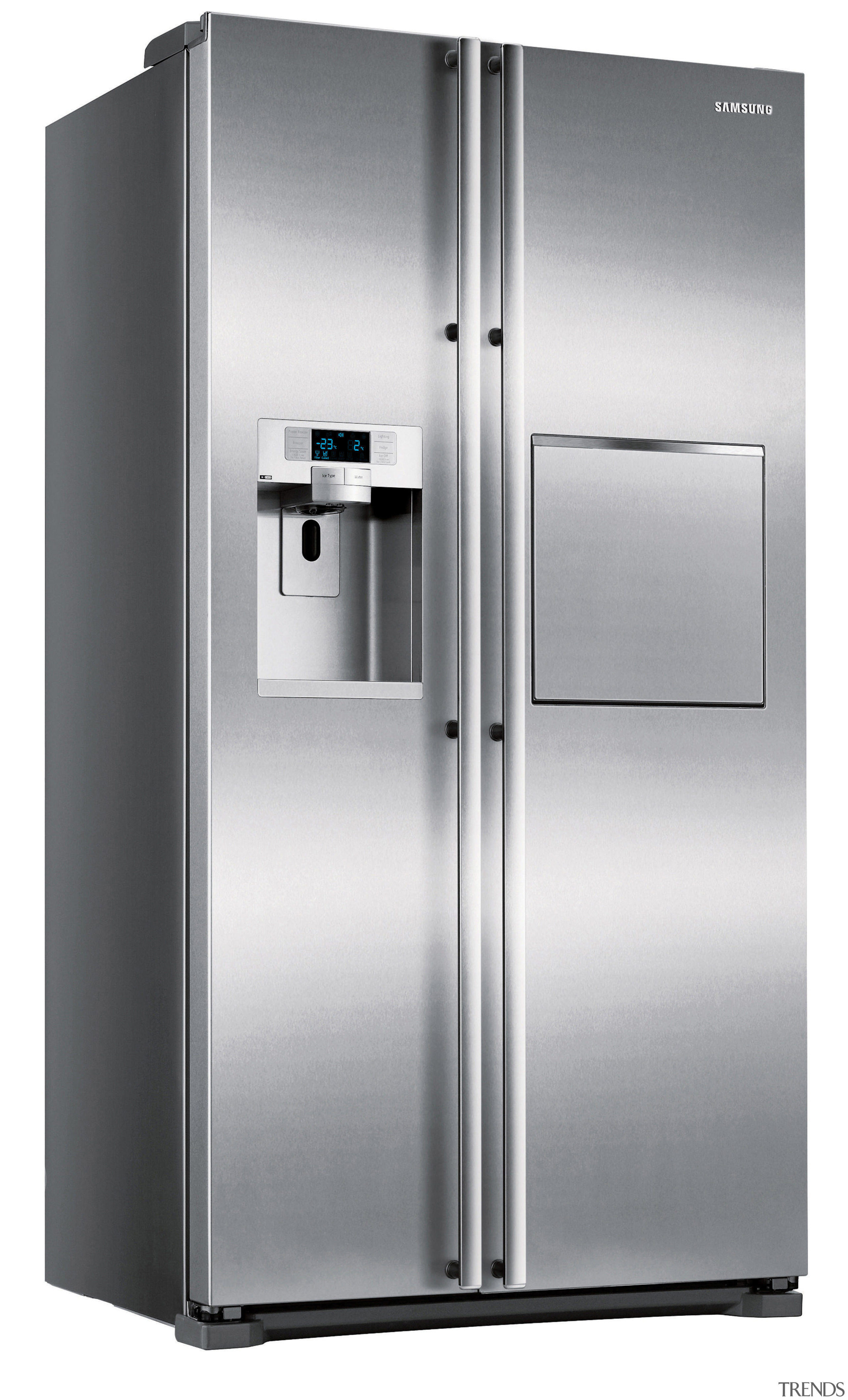 Image of the new Samsung g series side home appliance, kitchen appliance, major appliance, product, product design, refrigerator, gray, white